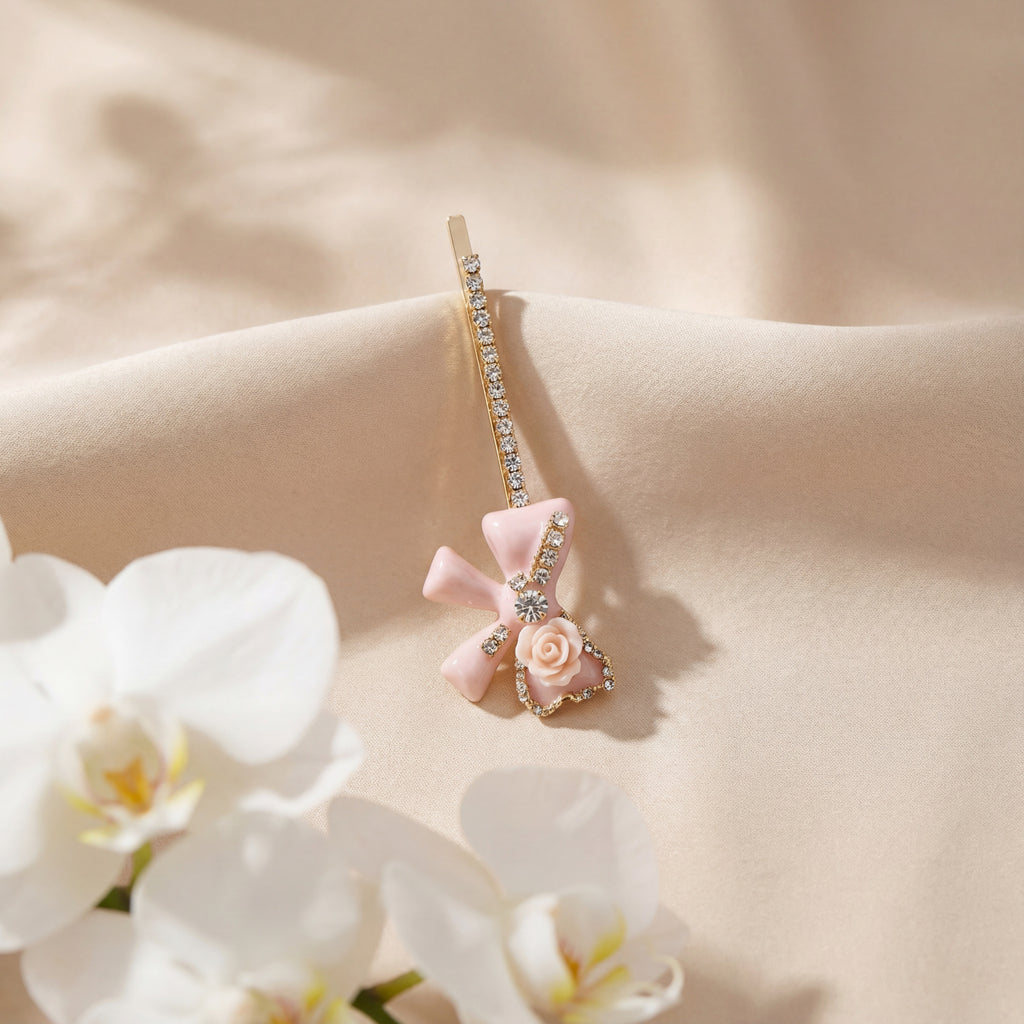 Korean Blush Rose & Crystal Bow Decorative Bobby Pin : YUFSHR209