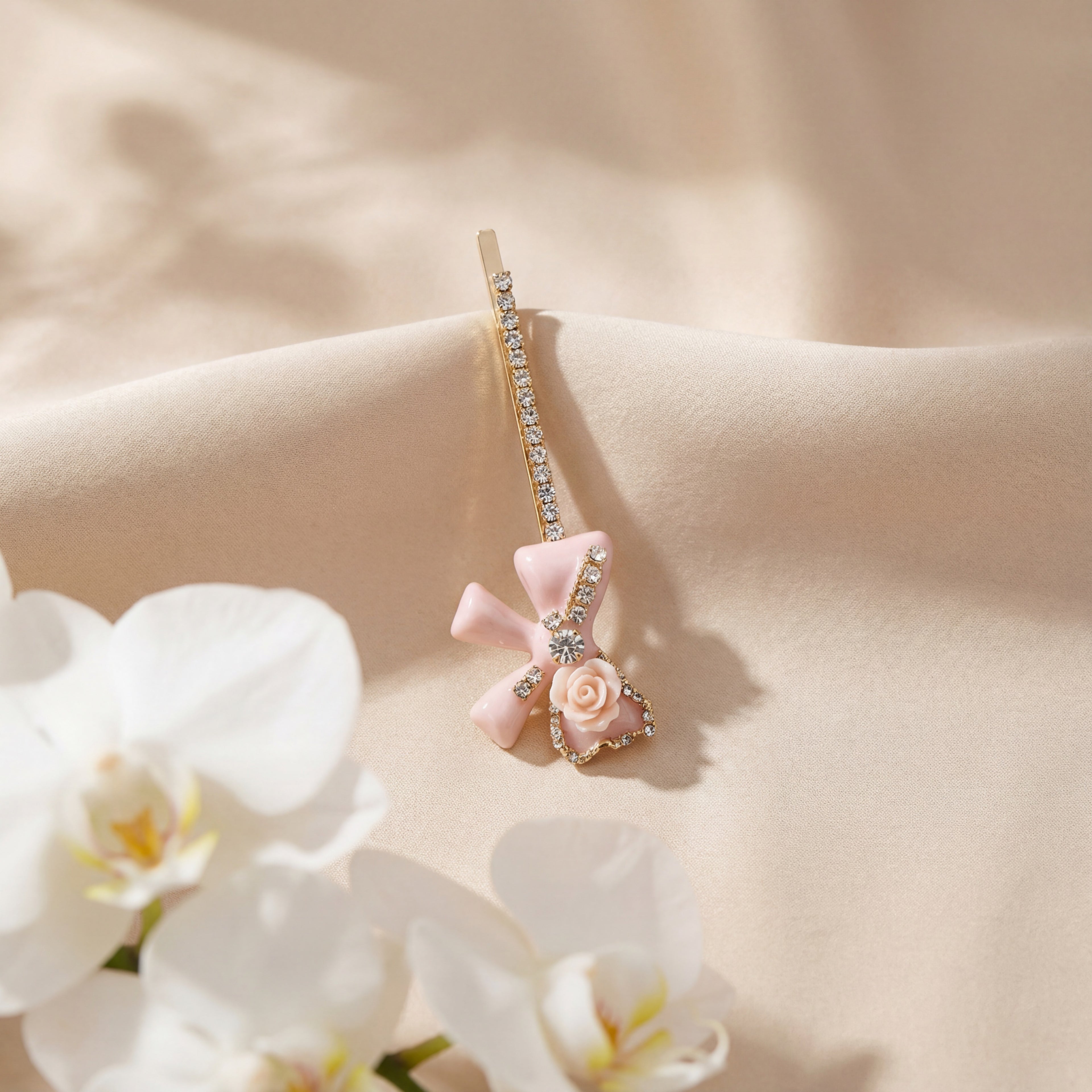 Korean Blush Rose & Crystal Bow Decorative Bobby Pin : YUFSHR209