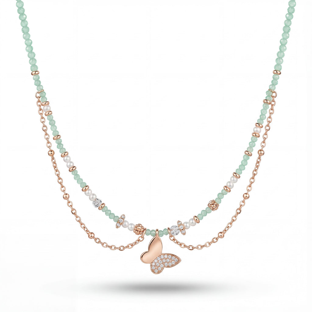 Korean Sage Green & Pearl Butterfly Layered Necklace : YUFSNL246