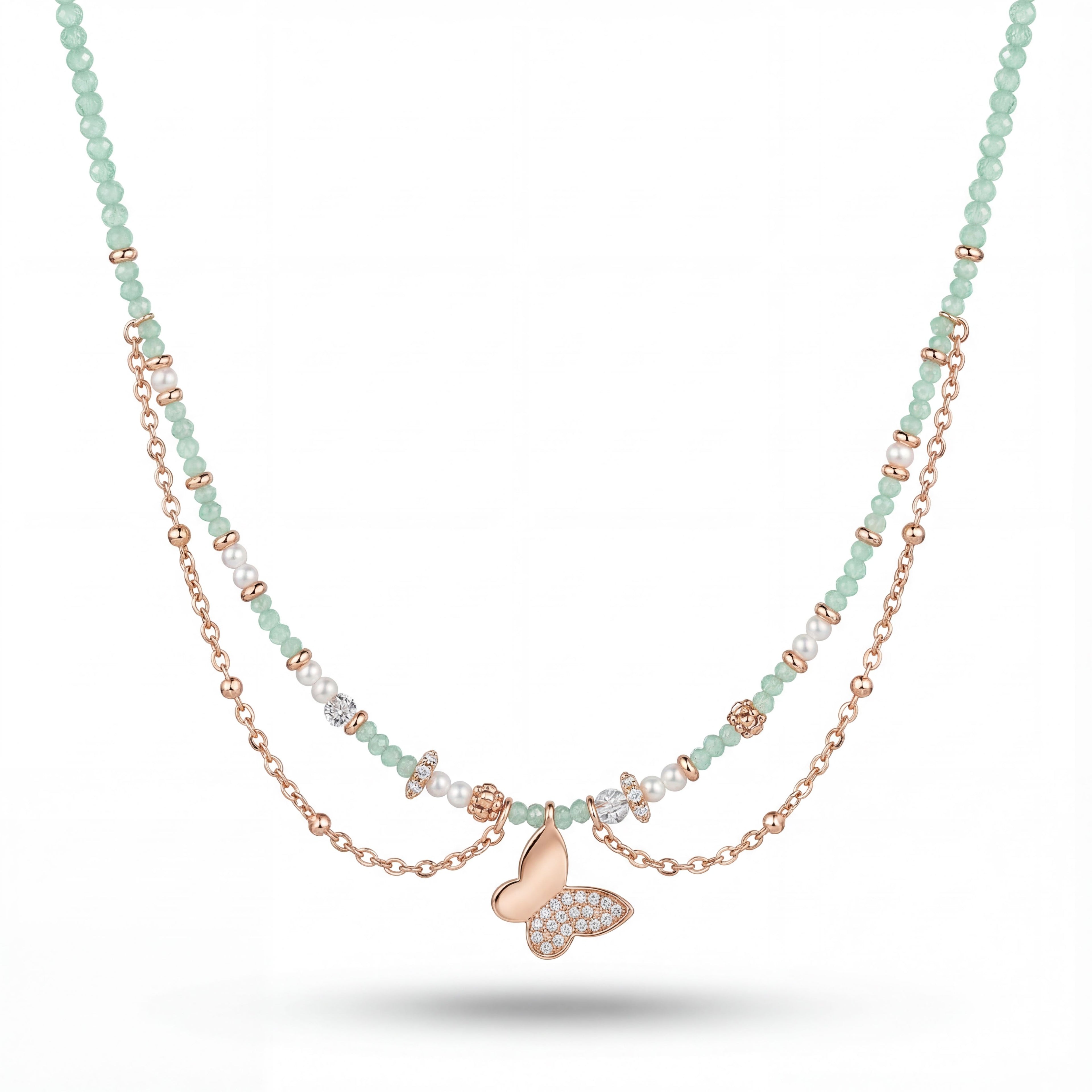 Korean Sage Green & Pearl Butterfly Layered Necklace : YUFSNL246