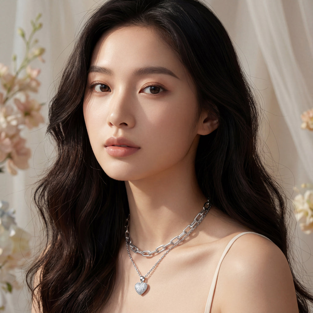 Korean Studded Heart And Pearl Necklace : YUFSNL239