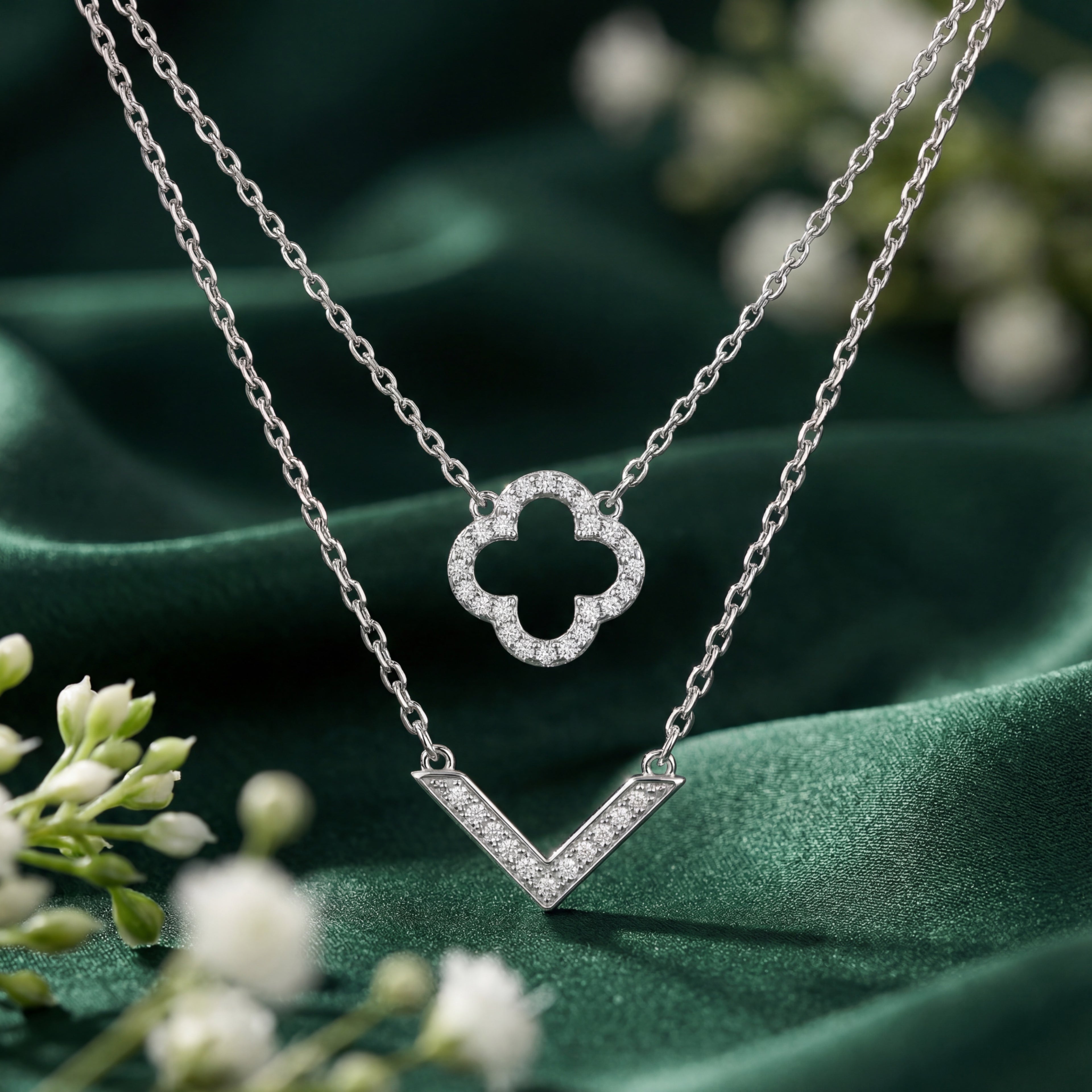 Korean Aura Tiered Clover & Chevron Layered Necklace : YUFSNL235