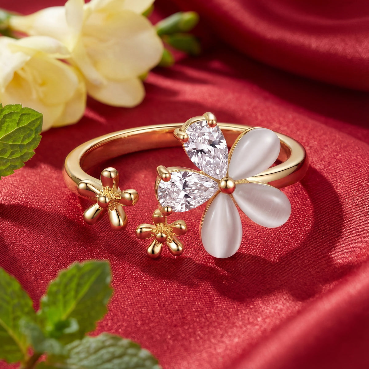 Korean Blossom & Bud Adjustable Open Ring : YUFSRG001-YG