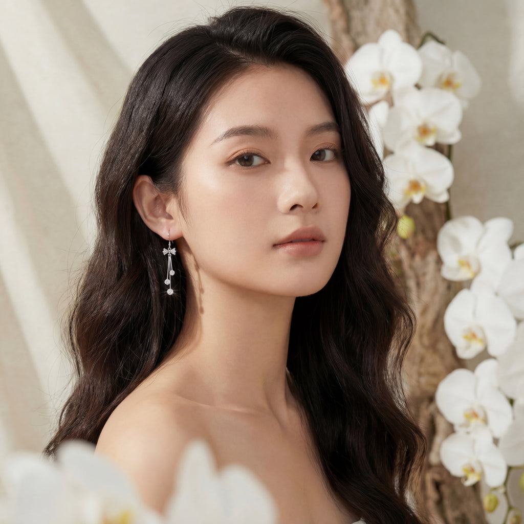 Korean Moonlight Bow Cascade Earrings : YUFSER245