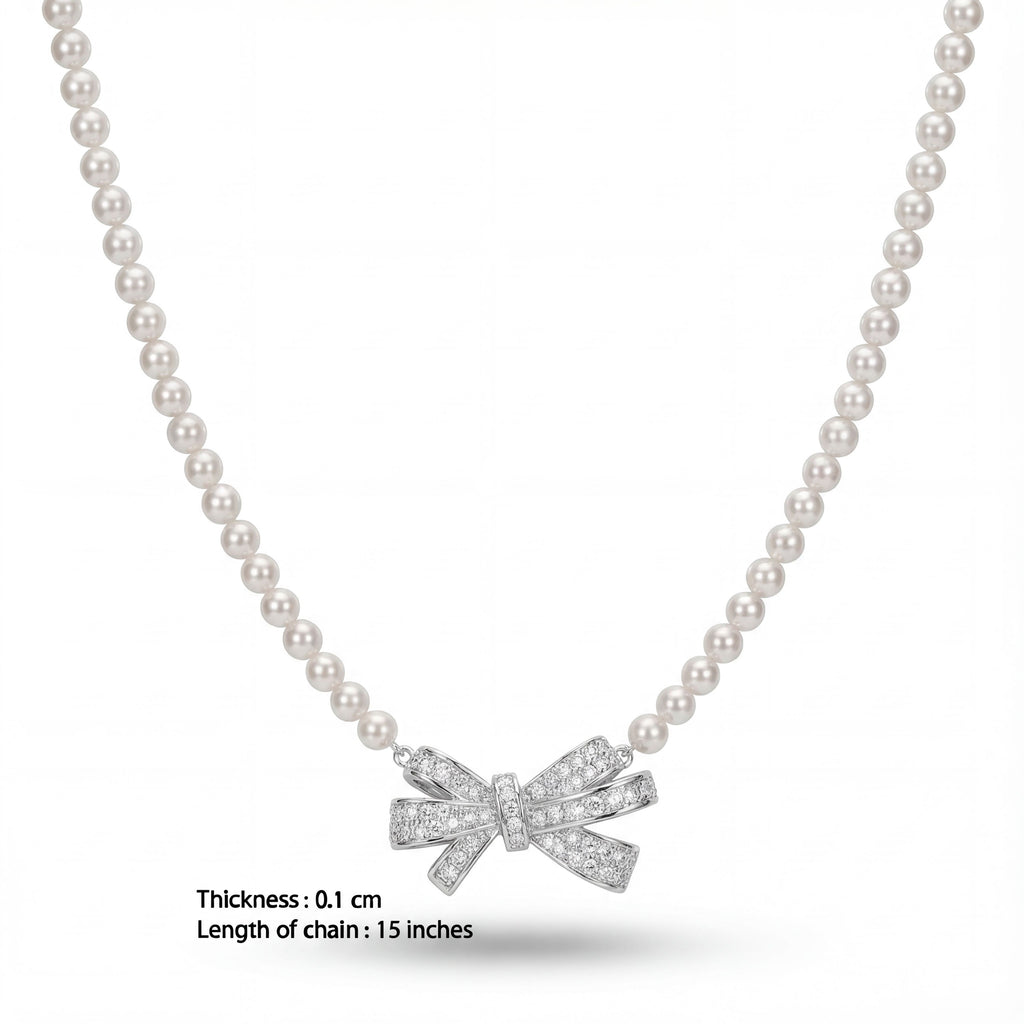 Korean Radiant Pave Bow Pearl Necklace : YUFSNL247