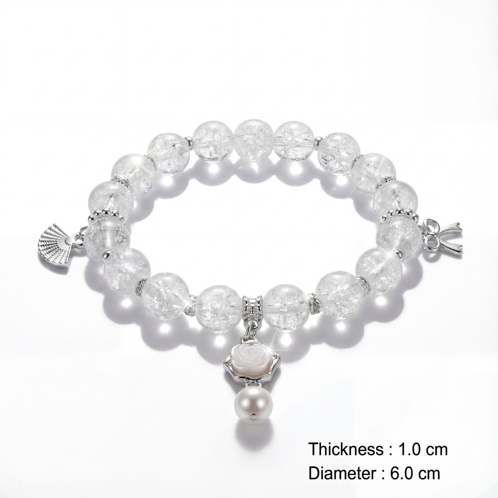 Korean Crackle Quartz & Carved Rose Charm Bracelet : YUFSBR211