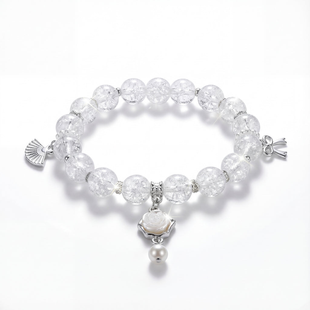 Korean Crackle Quartz & Carved Rose Charm Bracelet : YUFSBR211