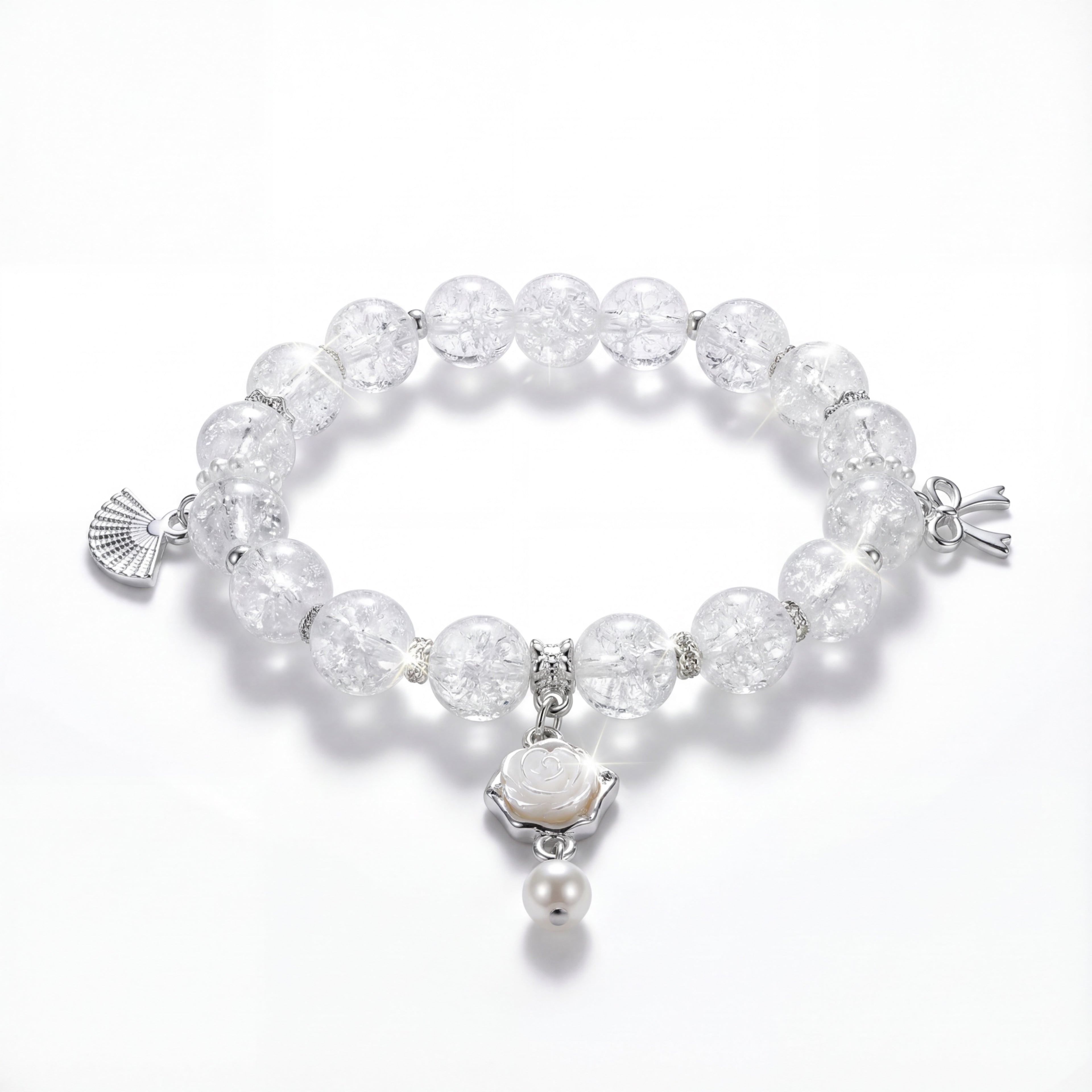 Korean Crackle Quartz & Carved Rose Charm Bracelet : YUFSBR211