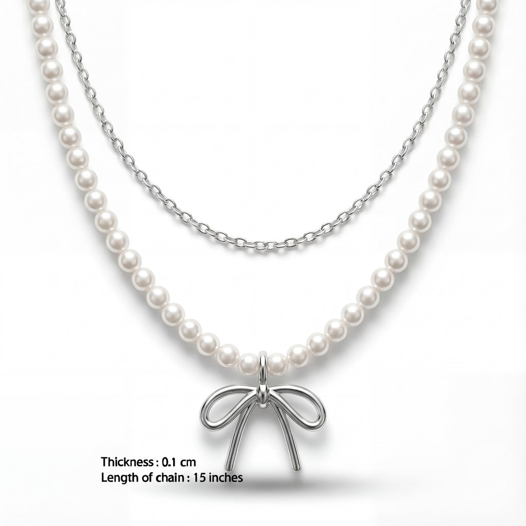 Korean Timeless Pavé Bow Pearl Necklace : YUFSNL250