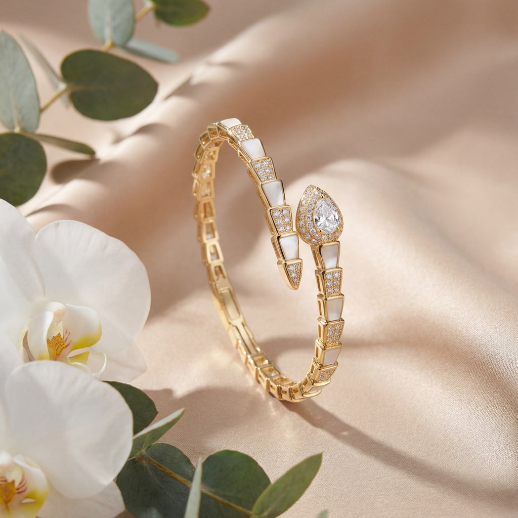 Korean Serpent’S Radiance Pavé & Mother-Of-Pearl Bangle : YUFSBR206