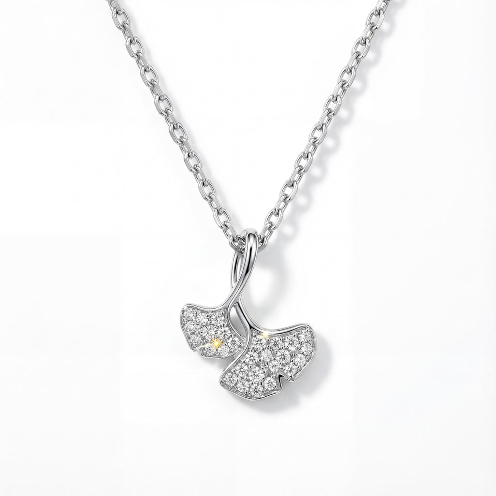Korean Ginkgo Gleam Pavé Leaf Pendant Necklace : YUFSNL236