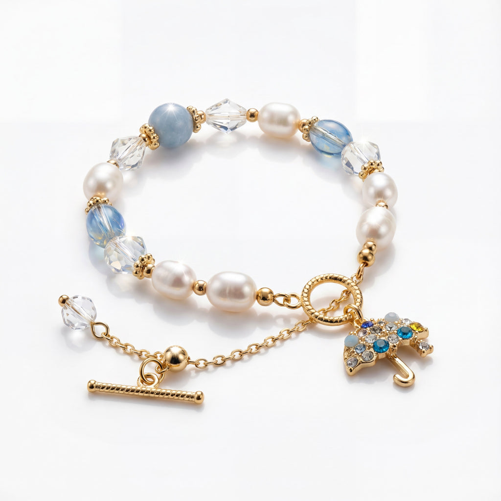 Korean Serene Sky Pearl & Crystal Umbrella Charm Bracelet : YUFSBR202