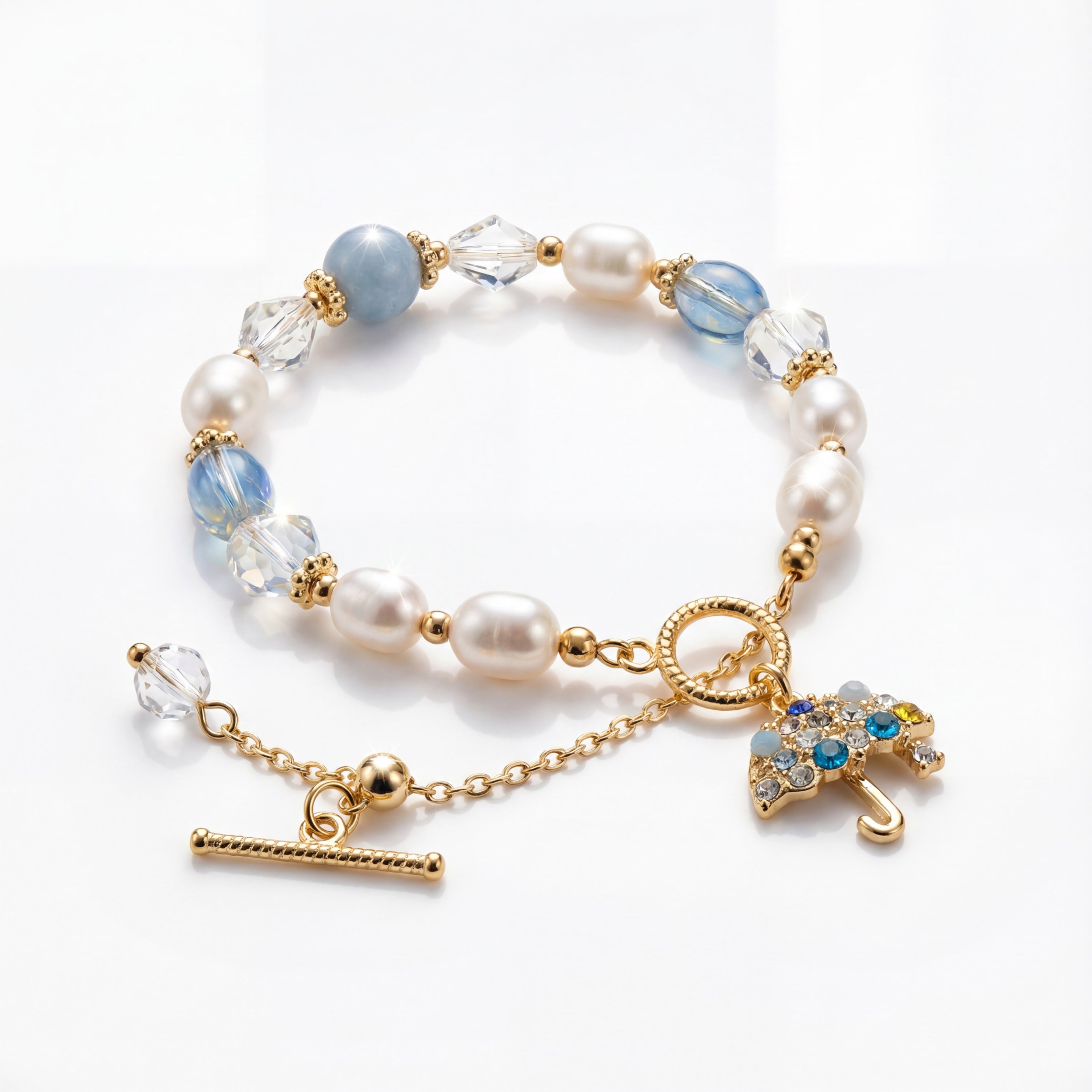 Korean Serene Sky Pearl & Crystal Umbrella Charm Bracelet : YUFSBR202