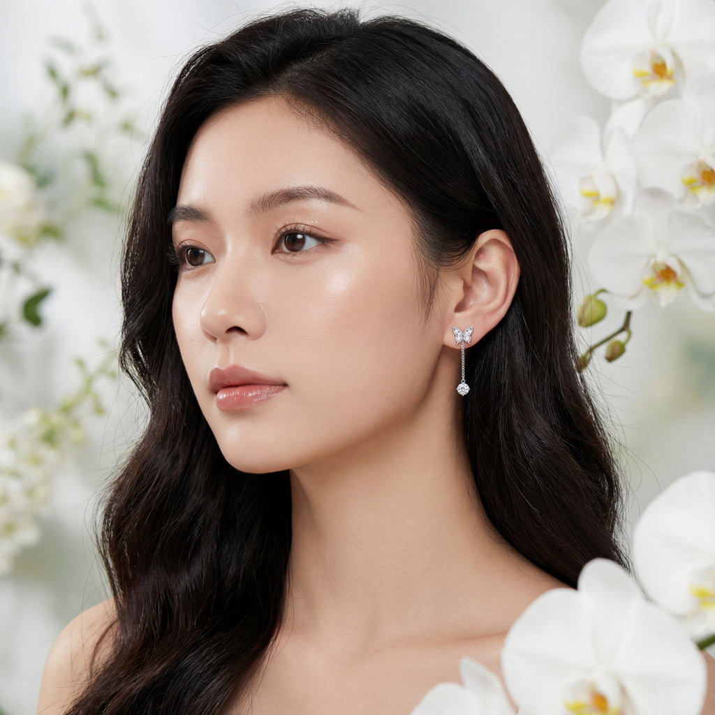 Korean Crystal Butterfly & Pavé Sphere Drop Earrings : YUFSER264