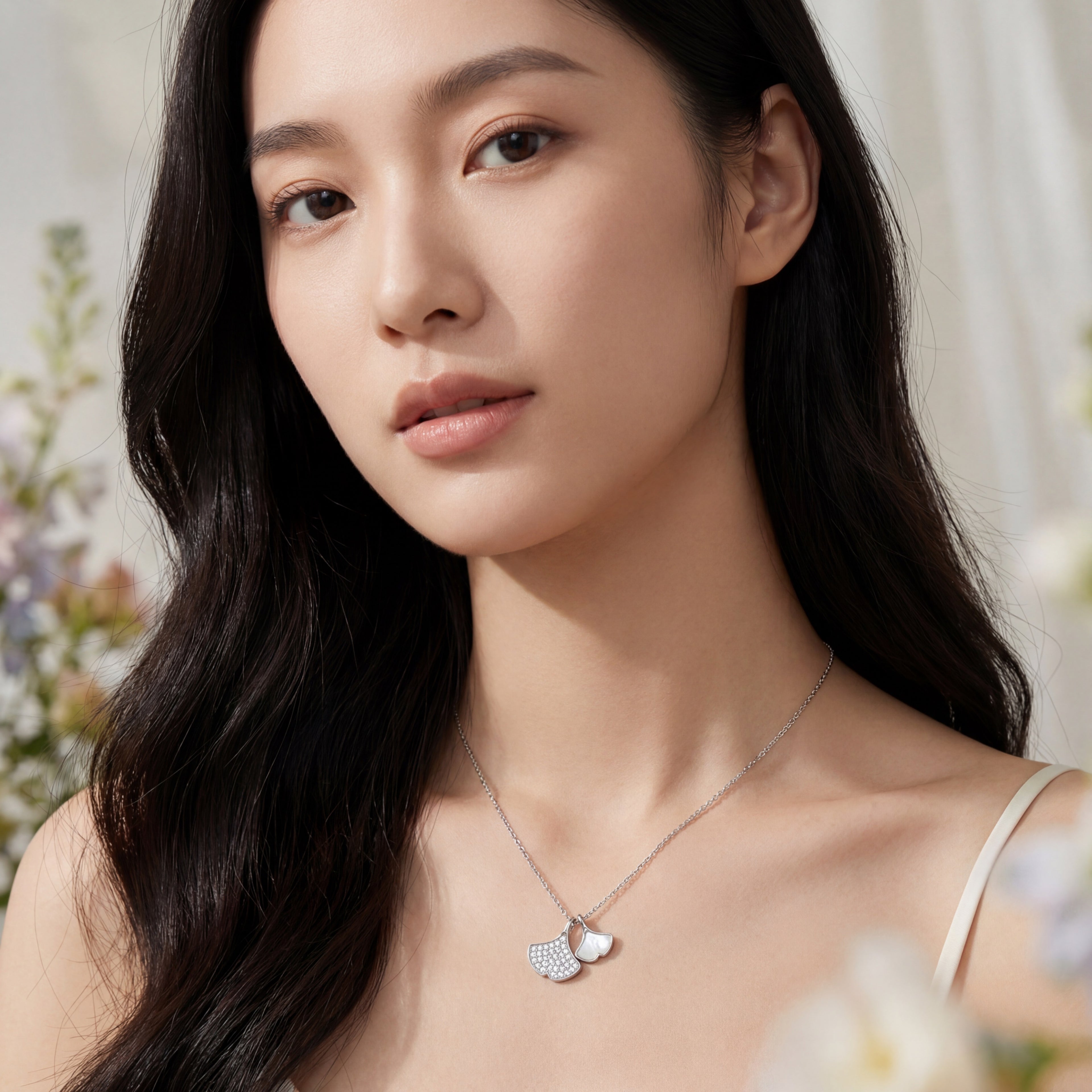 Korean Ethereal Ginkgo Mother Of Pearl & Pavé Dual Leaf Necklace : YUFSNL237