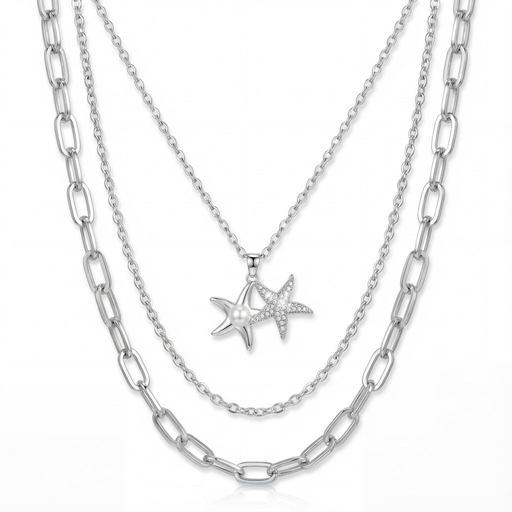 Korean Ocean Muse Triple-Strand Starfish & Pearl Statement Necklace : YUFSNL238