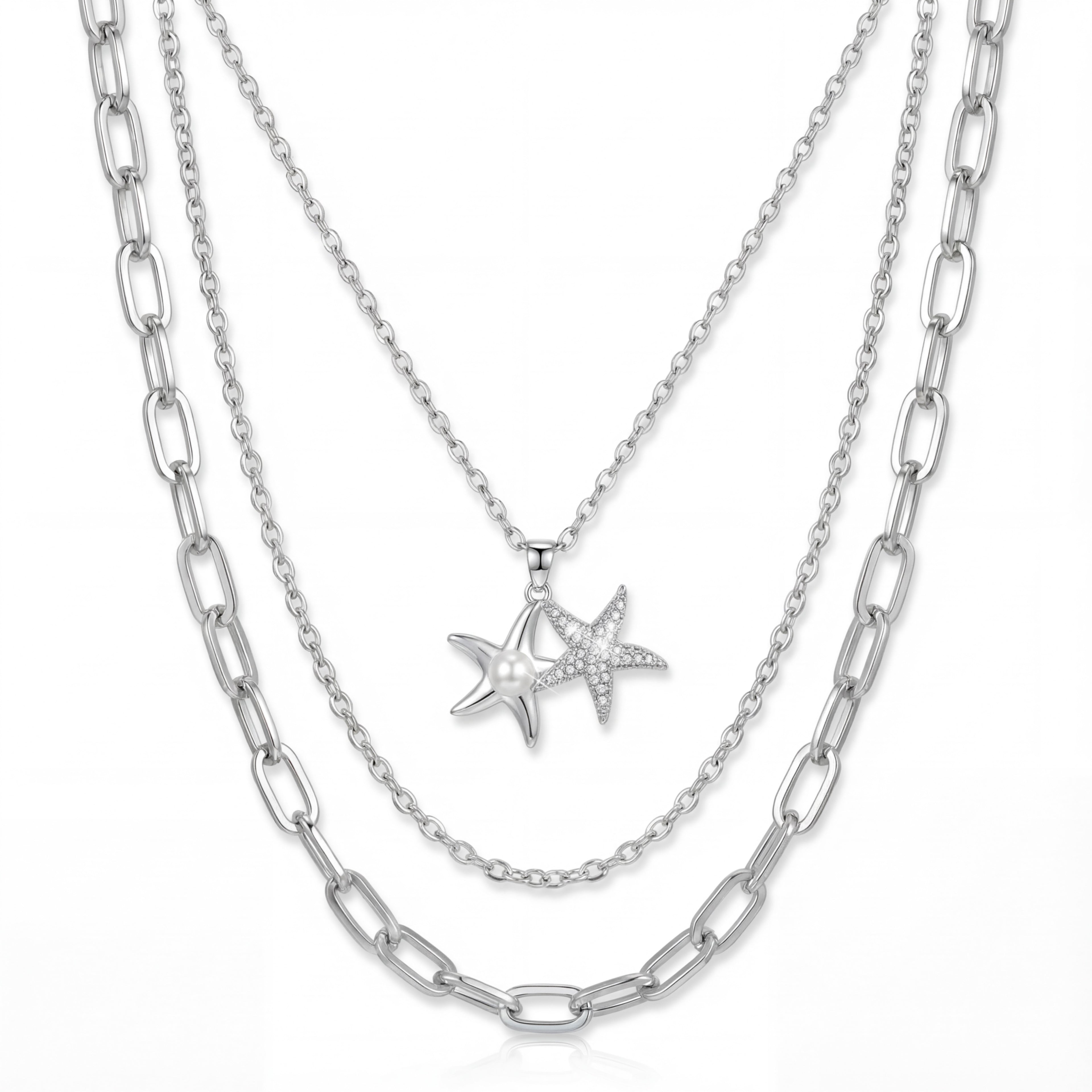 Korean Ocean Muse Triple-Strand Starfish & Pearl Statement Necklace : YUFSNL238