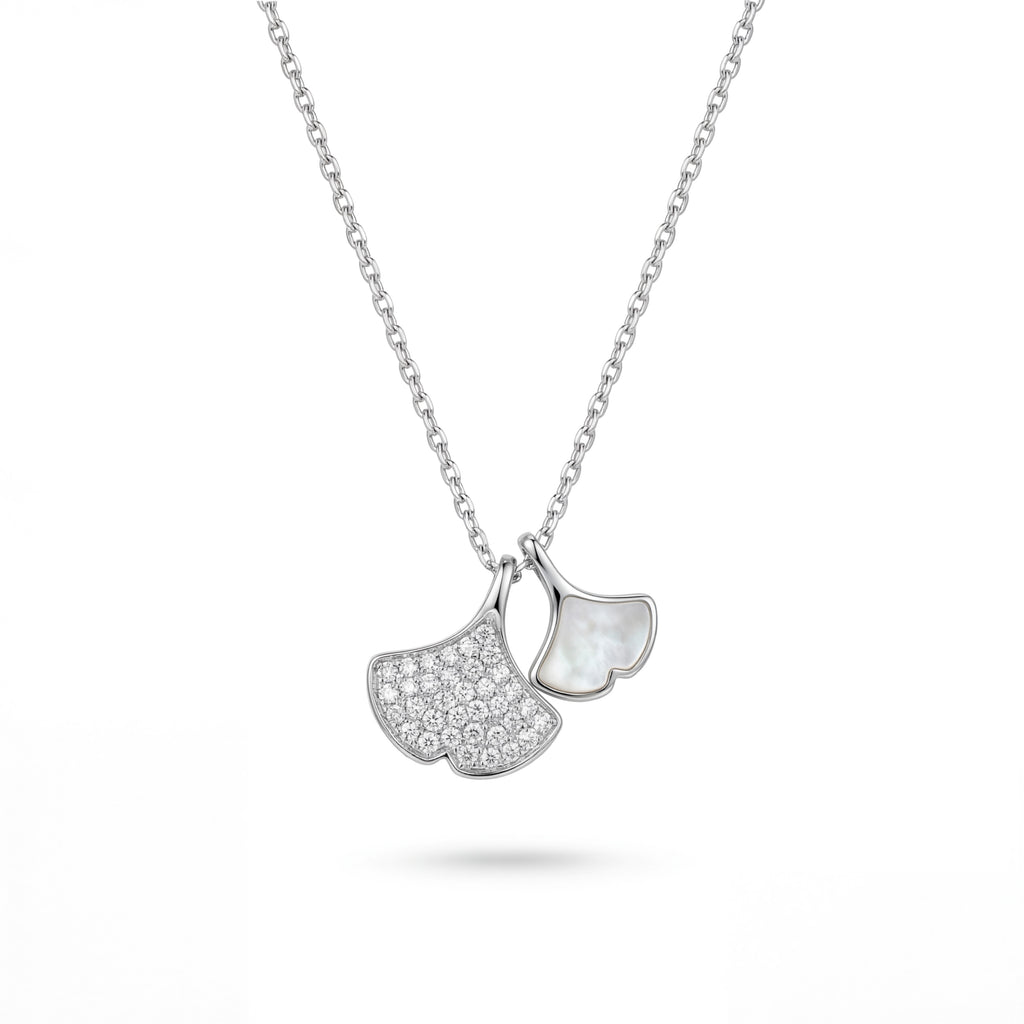 Korean Ethereal Ginkgo Mother Of Pearl & Pavé Dual Leaf Necklace : YUFSNL237