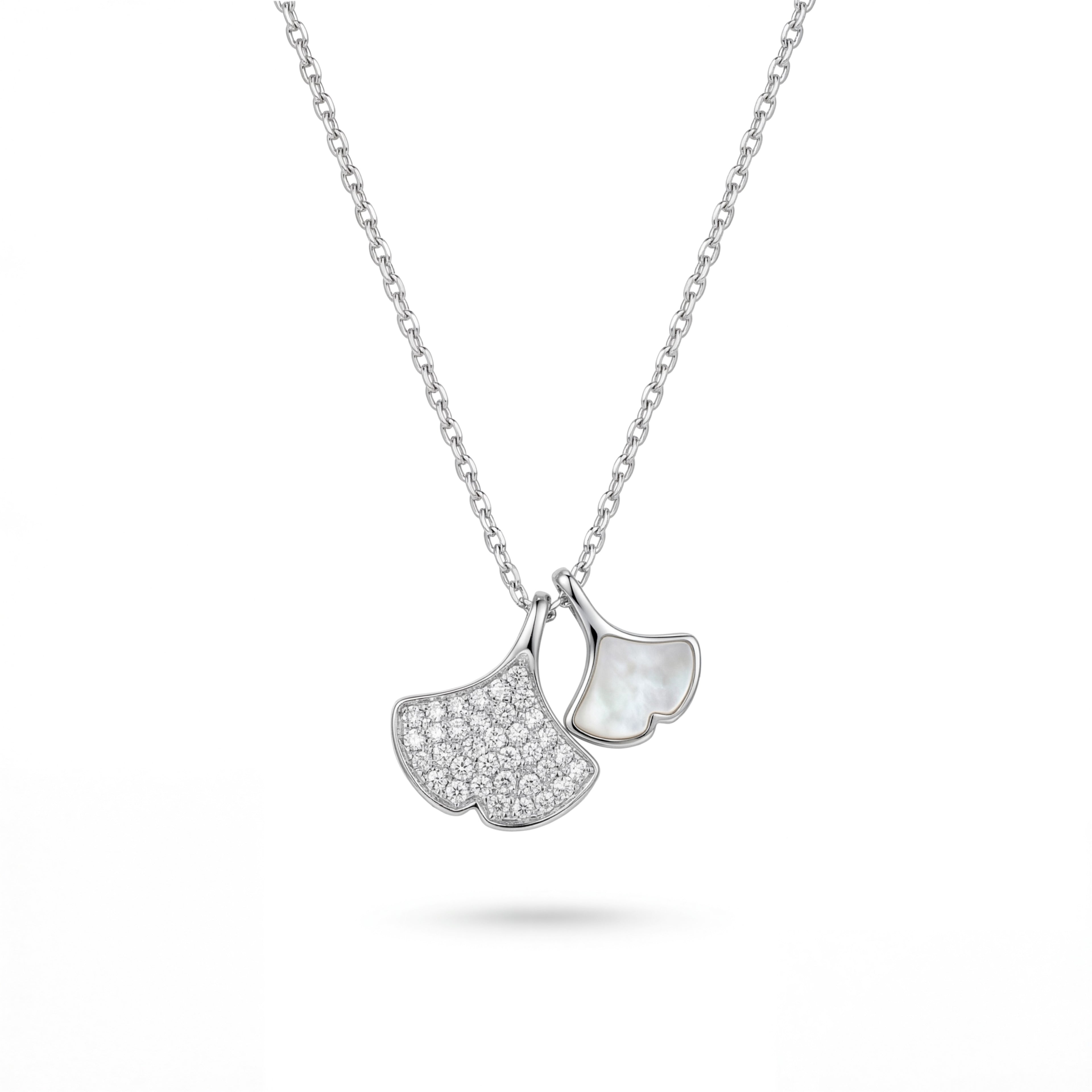 Korean Ethereal Ginkgo Mother Of Pearl & Pavé Dual Leaf Necklace : YUFSNL237