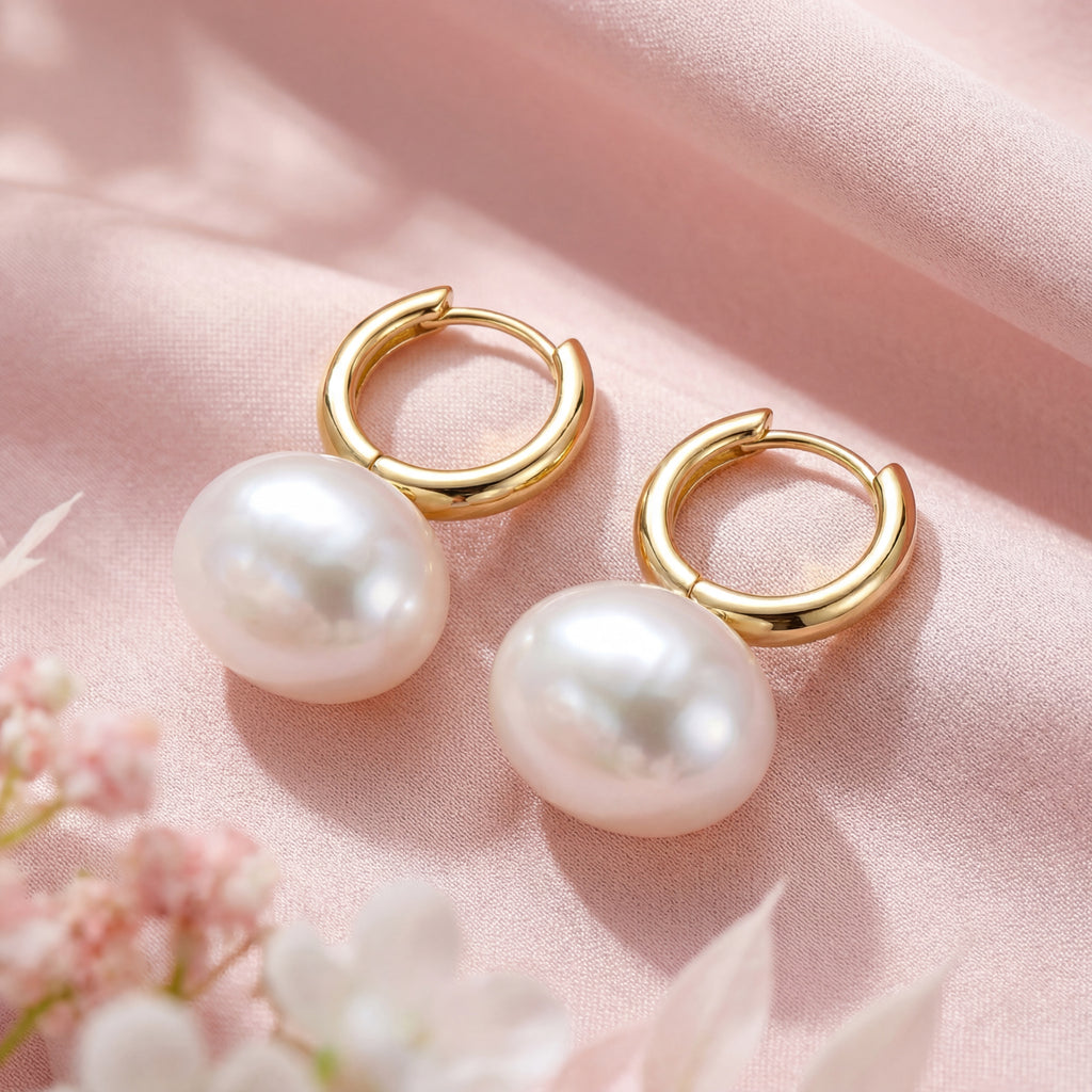 Korean Baroque Pearl Huggie Hoops : YUFSER266