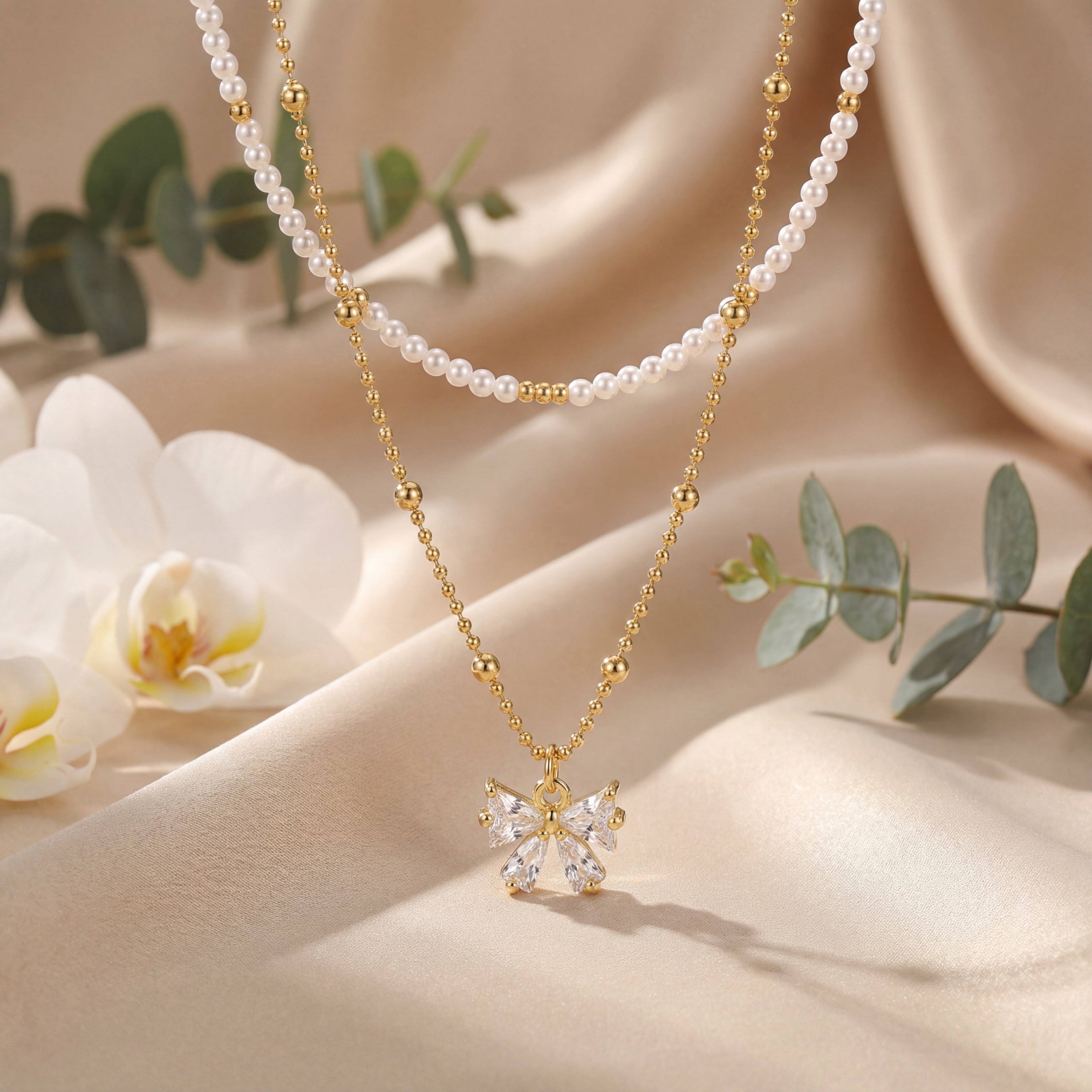 Korean Ethereal Bow & Radiant Gemstone Droplet Necklace : YUFSNL248