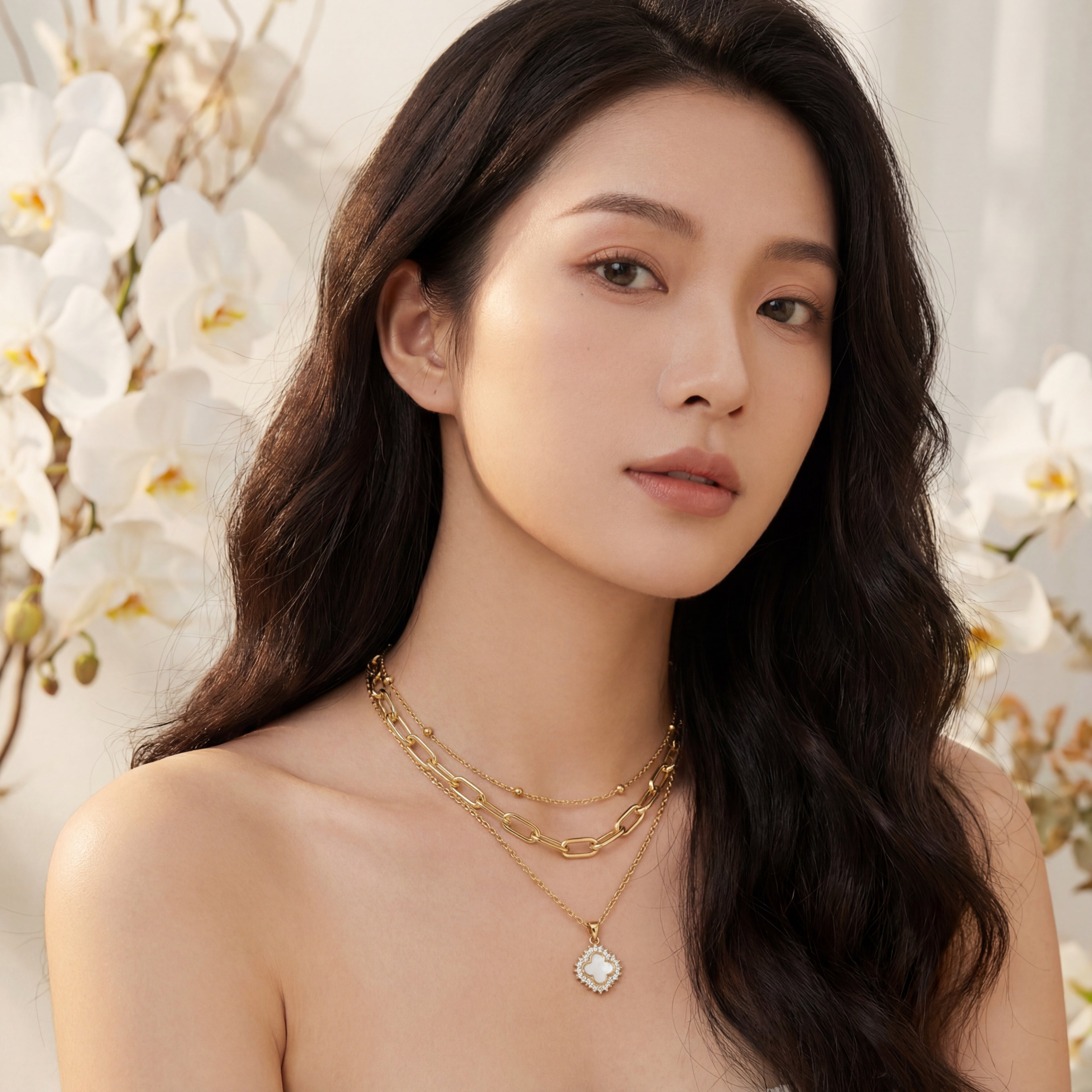 Korean Gold Clover Layered Charm Necklace : YUFSNL253