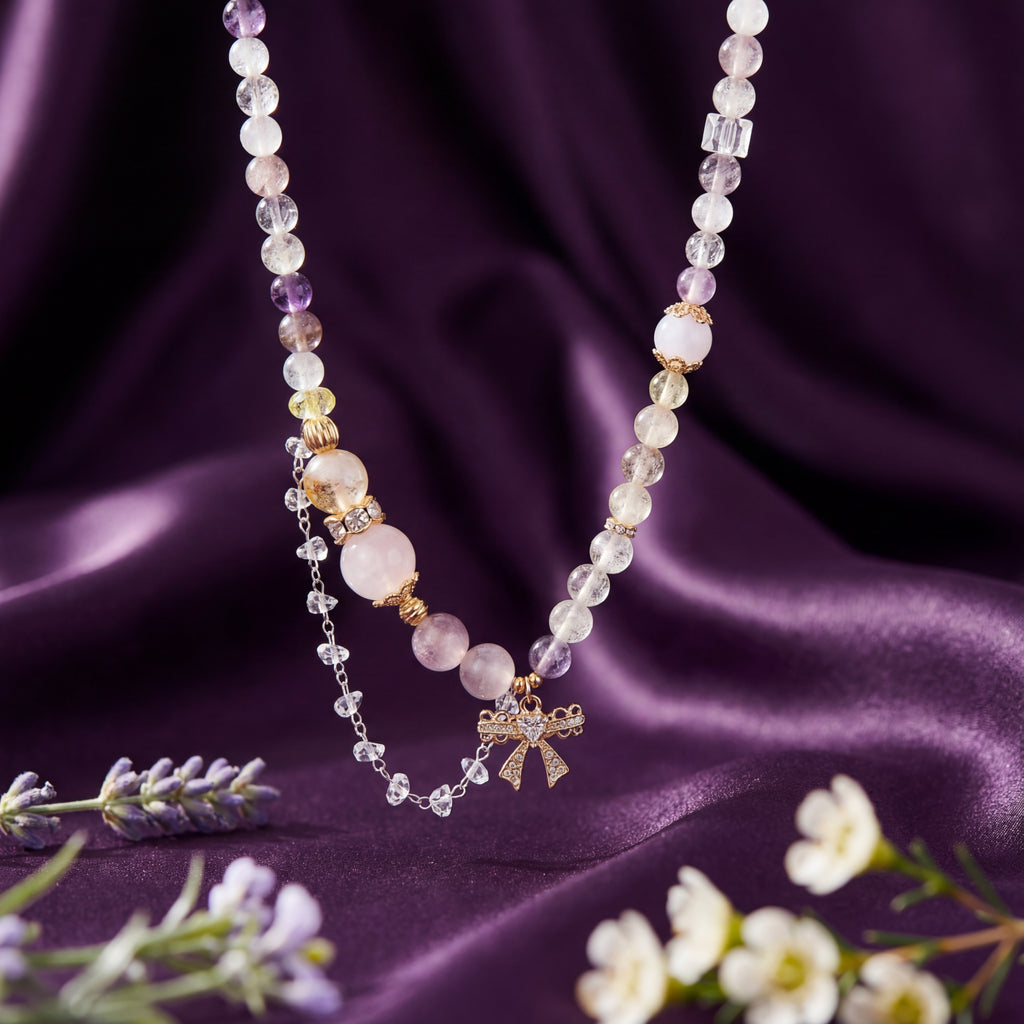 Korean Whimsical Bow & Mixed Quartz Beaded Necklace : YUFSNL256