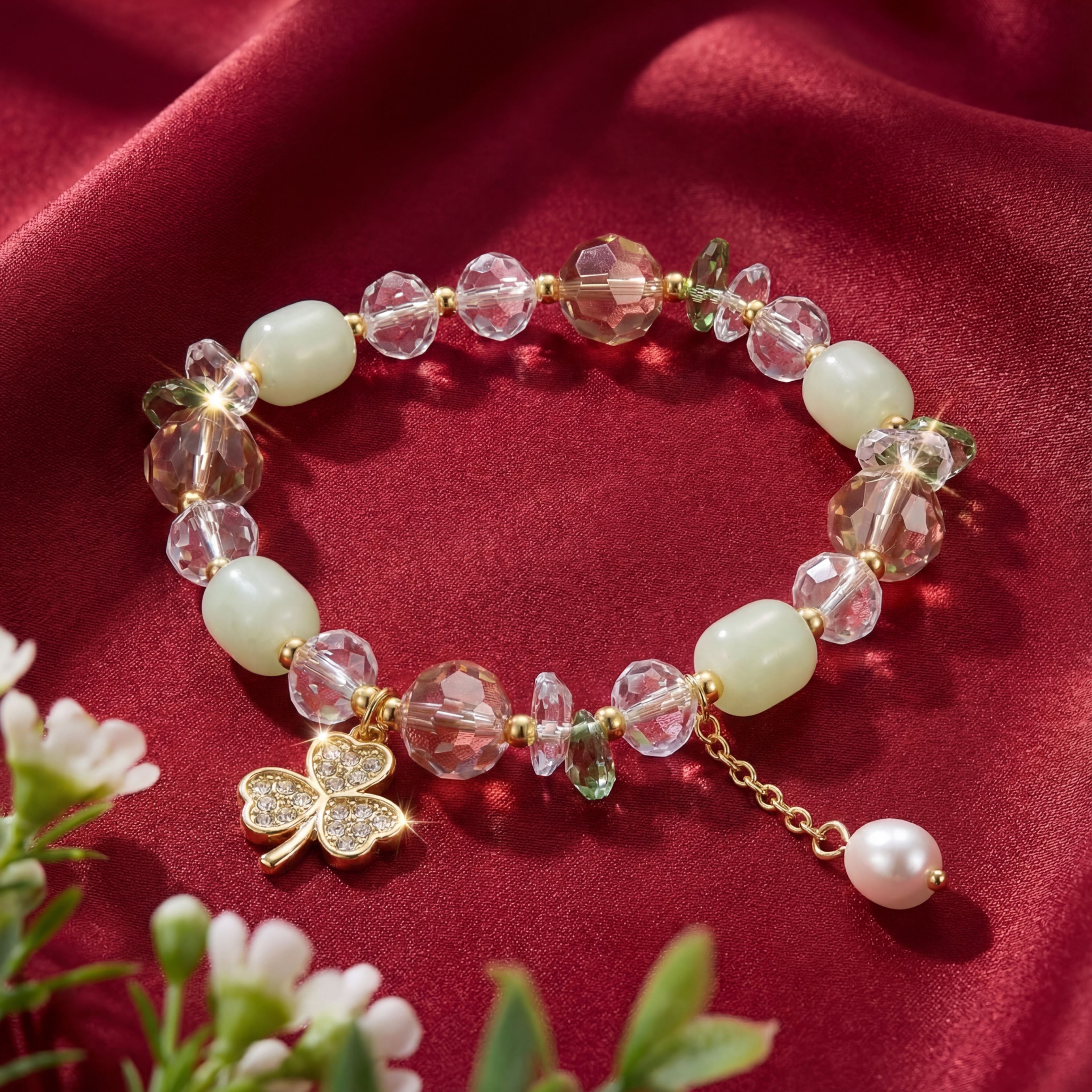 Korean Pastel Meadow Clover & Pearl Charm Bracelet : YUFSBR219