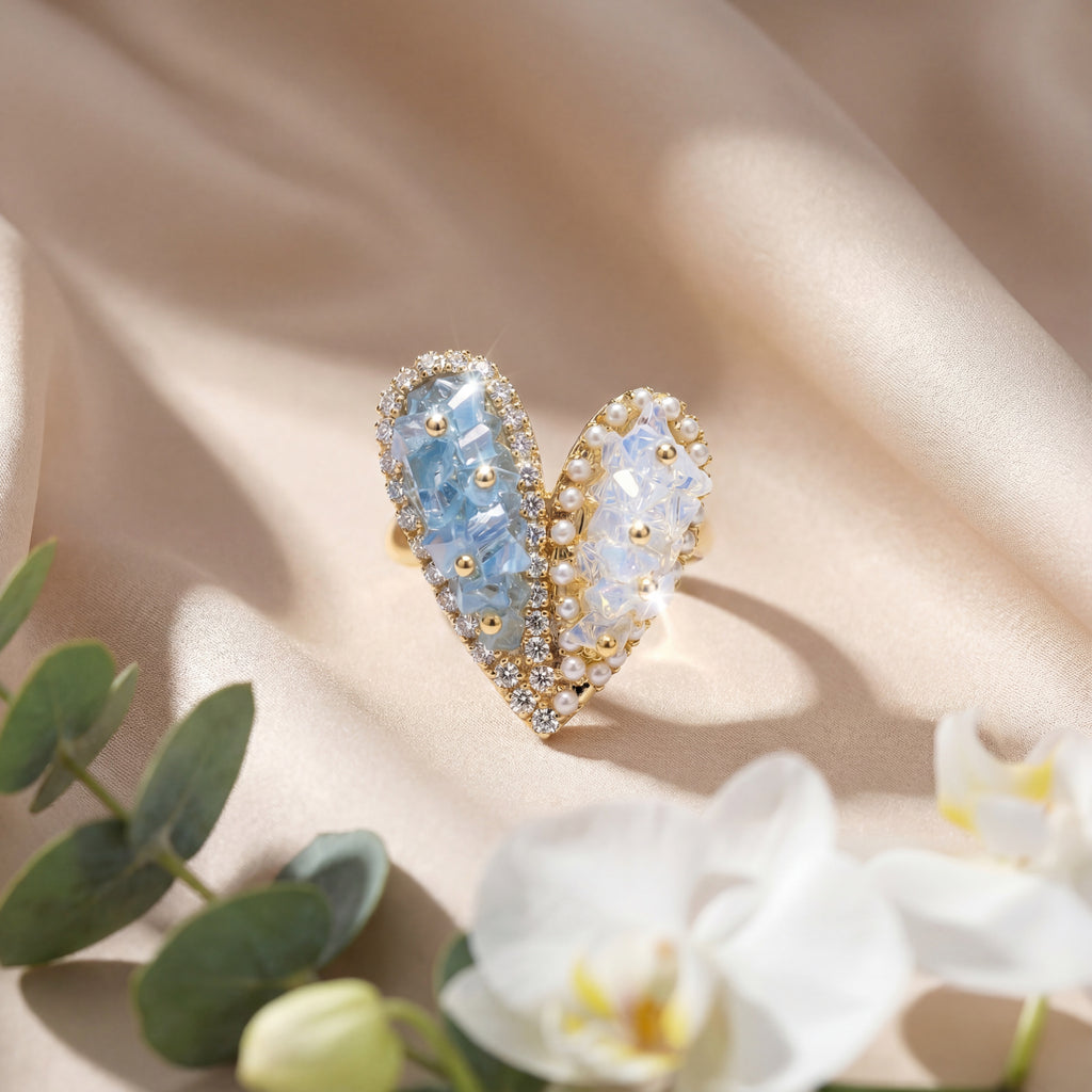 Korean Azure & Frost Jeweled Split-Heart Brooch : YUFSBH002