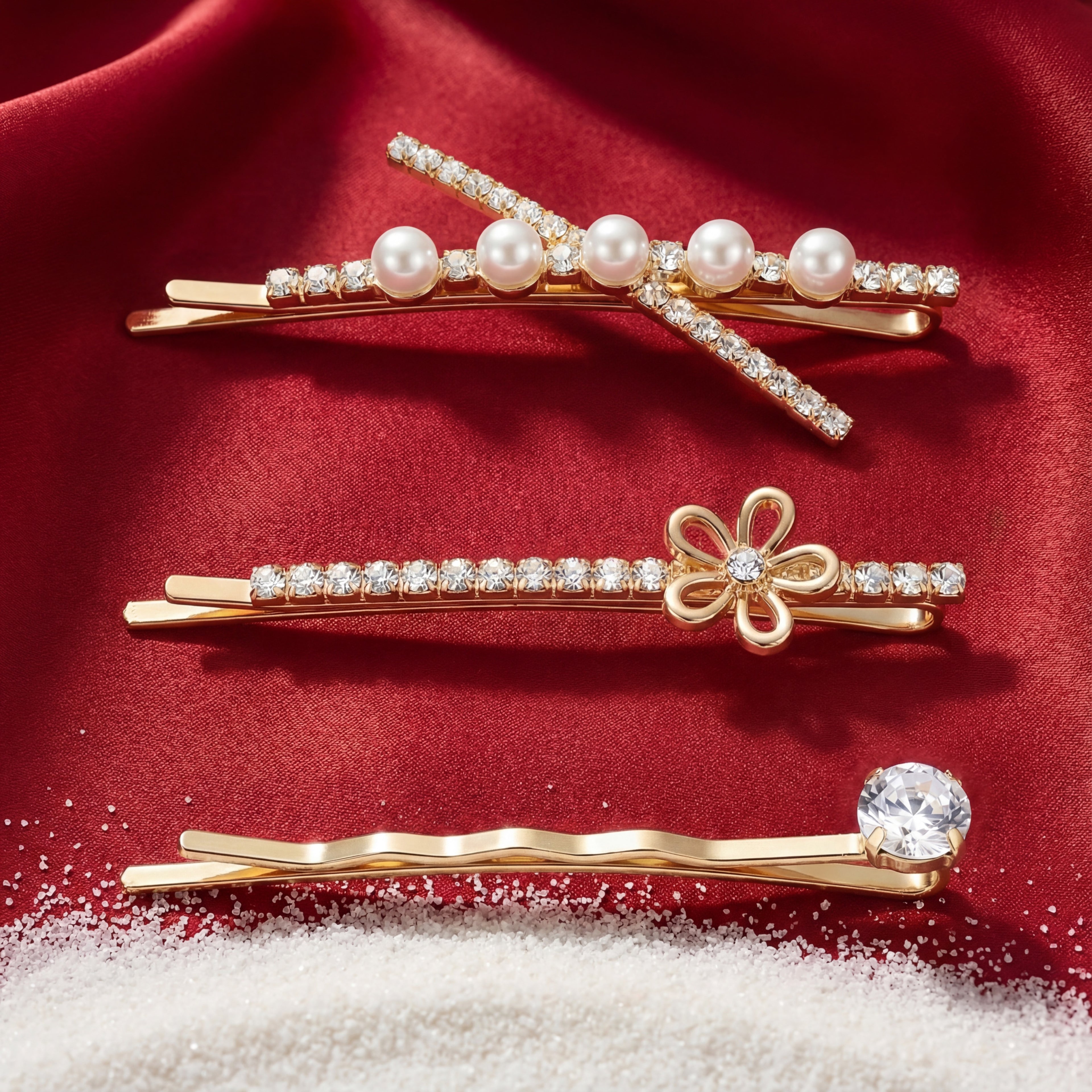 Korean Midnight Gala Crystal & Pearl 3 Piece Pin Set : YUFSHR214