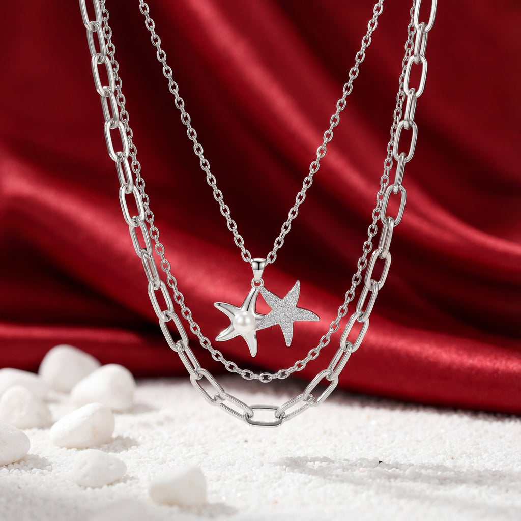 Korean Ocean Muse Triple-Strand Starfish & Pearl Statement Necklace : YUFSNL238