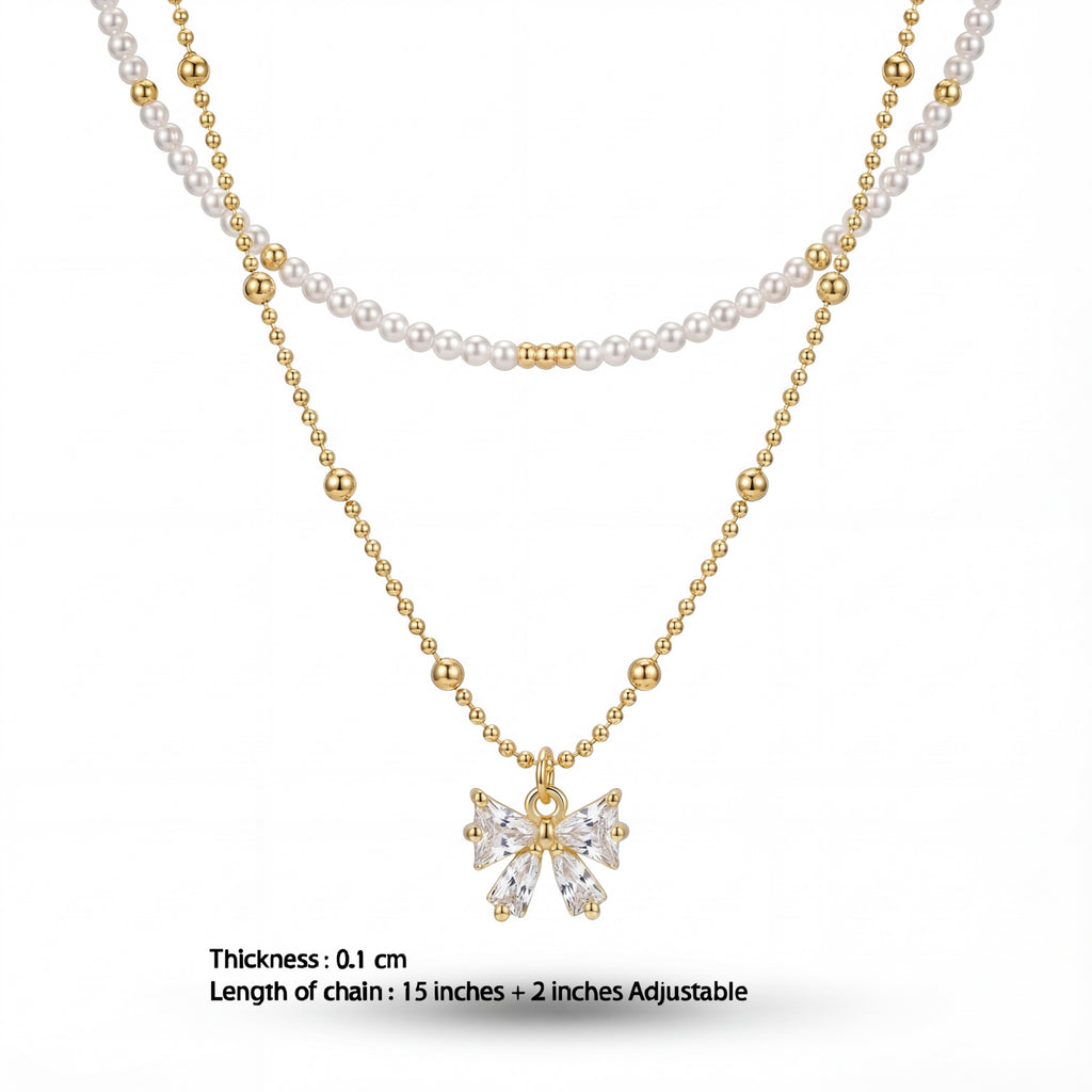 Korean Ethereal Bow & Radiant Gemstone Droplet Necklace : YUFSNL248