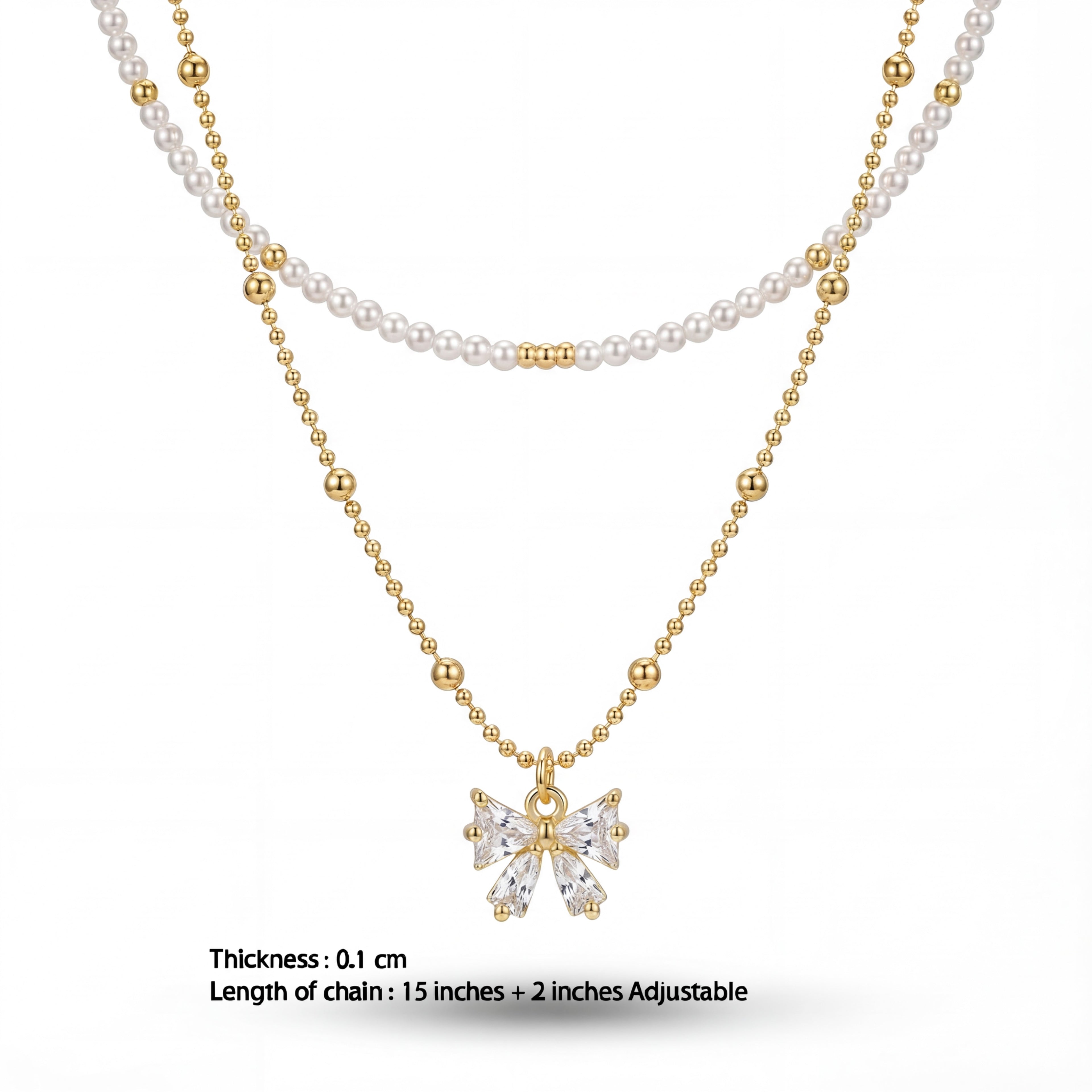 Korean Ethereal Bow & Radiant Gemstone Droplet Necklace : YUFSNL248