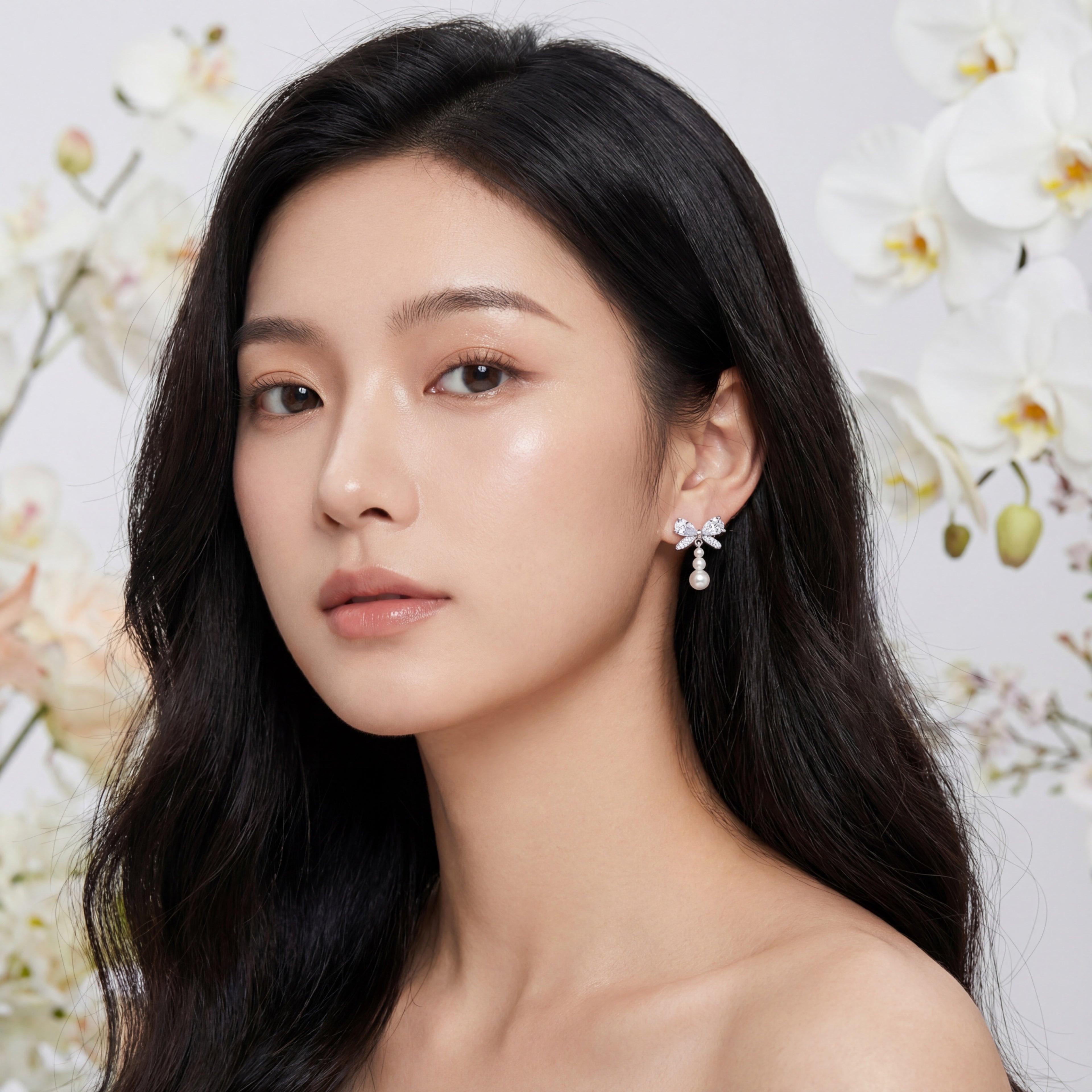 Korean Delicate Silver Pave Bow Earrings : YUFSER263