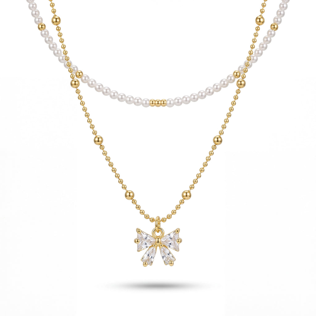 Korean Ethereal Bow & Radiant Gemstone Droplet Necklace : YUFSNL248