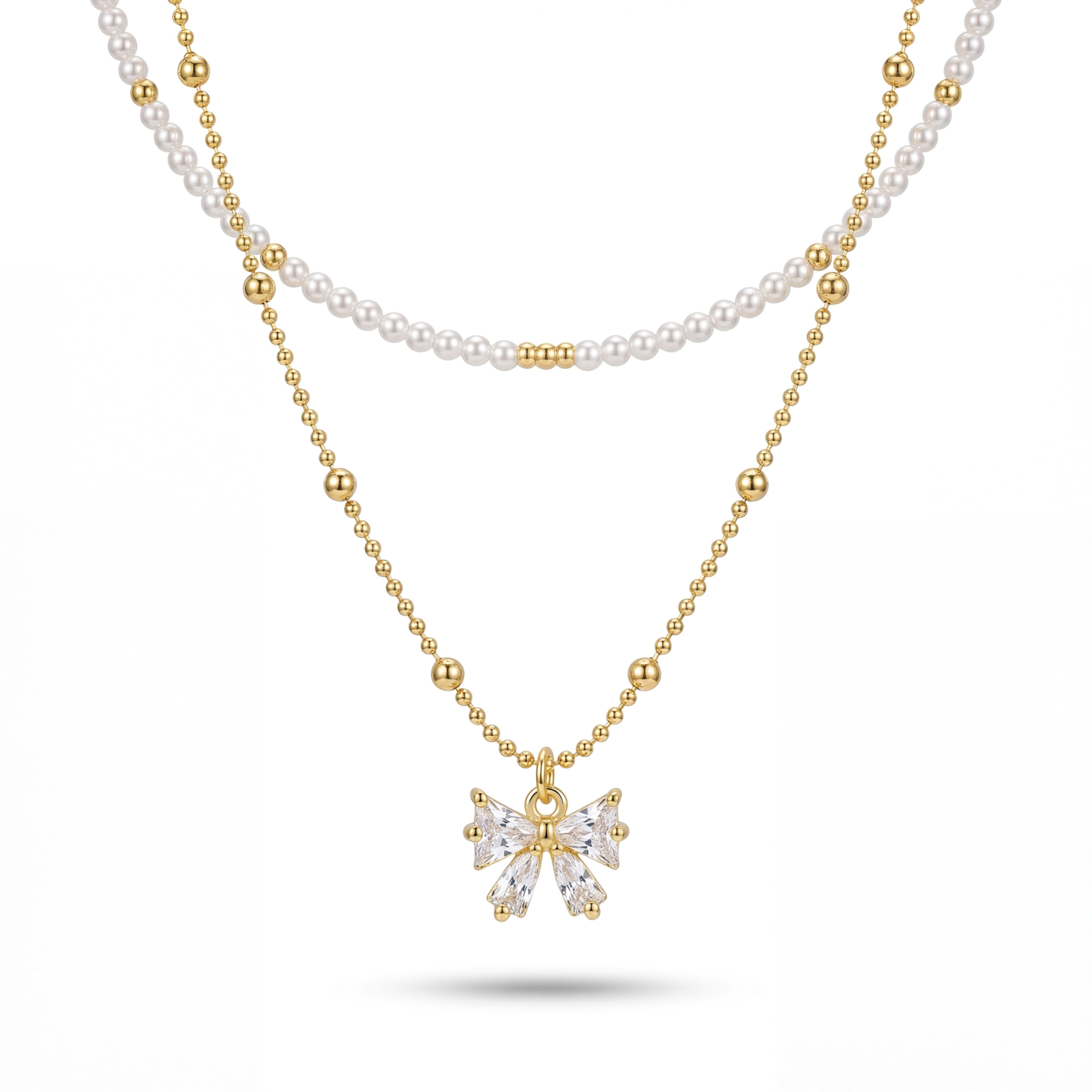 Korean Ethereal Bow & Radiant Gemstone Droplet Necklace : YUFSNL248