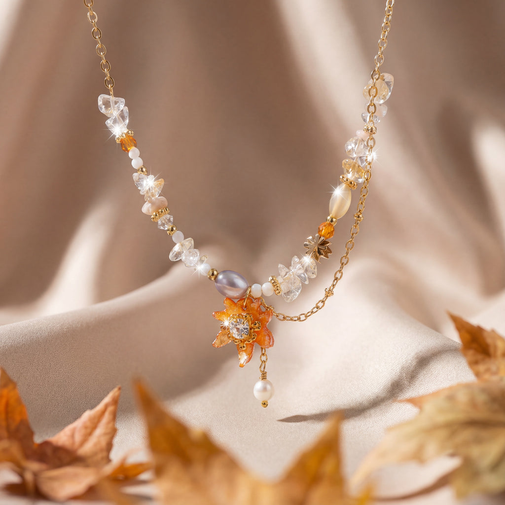 Korean Golden Autumn Mixed Media Beaded Statement Necklace : YUFSNL240