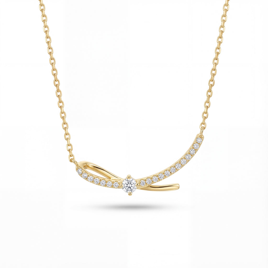 Korean Graceful Pavé Ribbon Bow Necklace : YUFSNL225