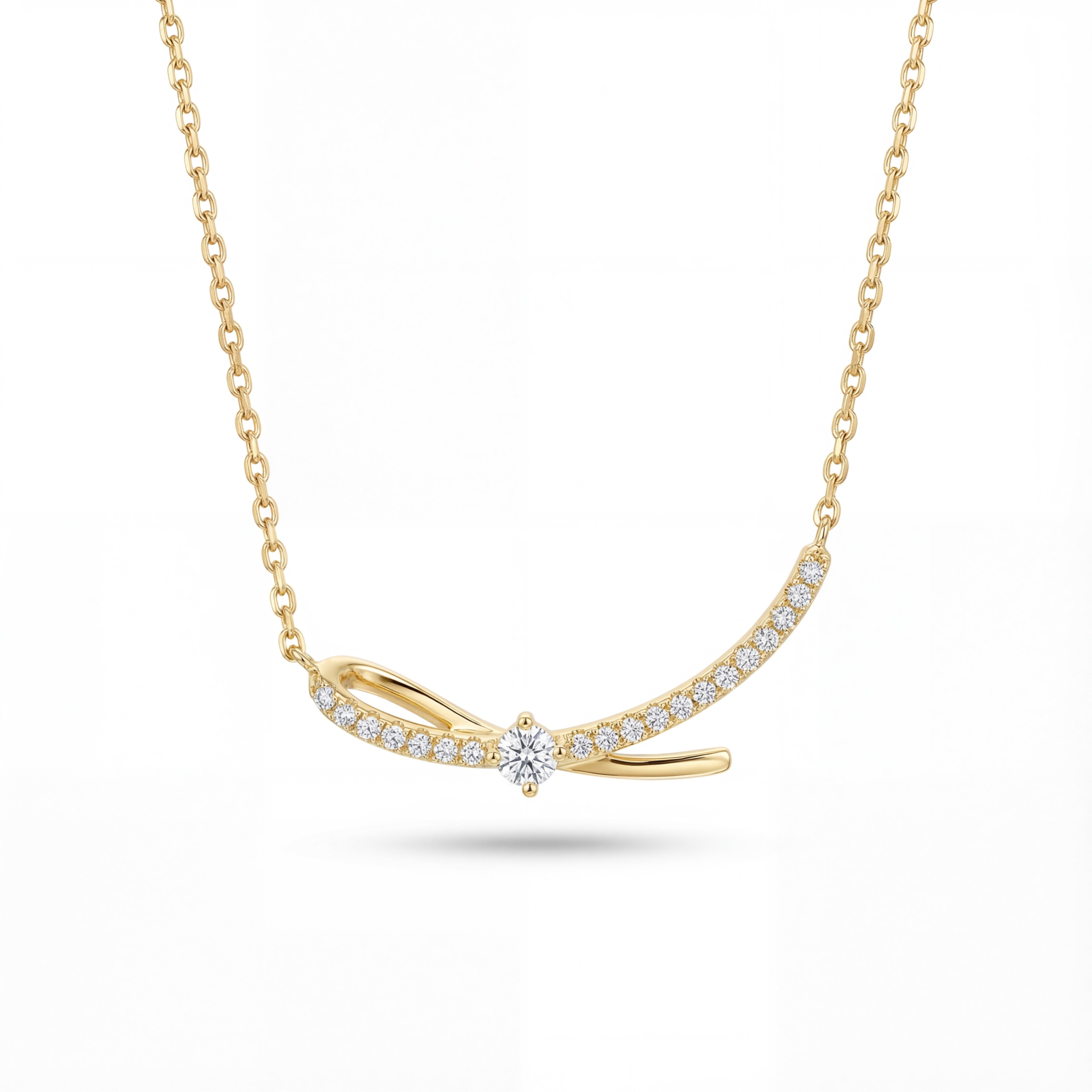 Korean Graceful Pavé Ribbon Bow Necklace : YUFSNL225