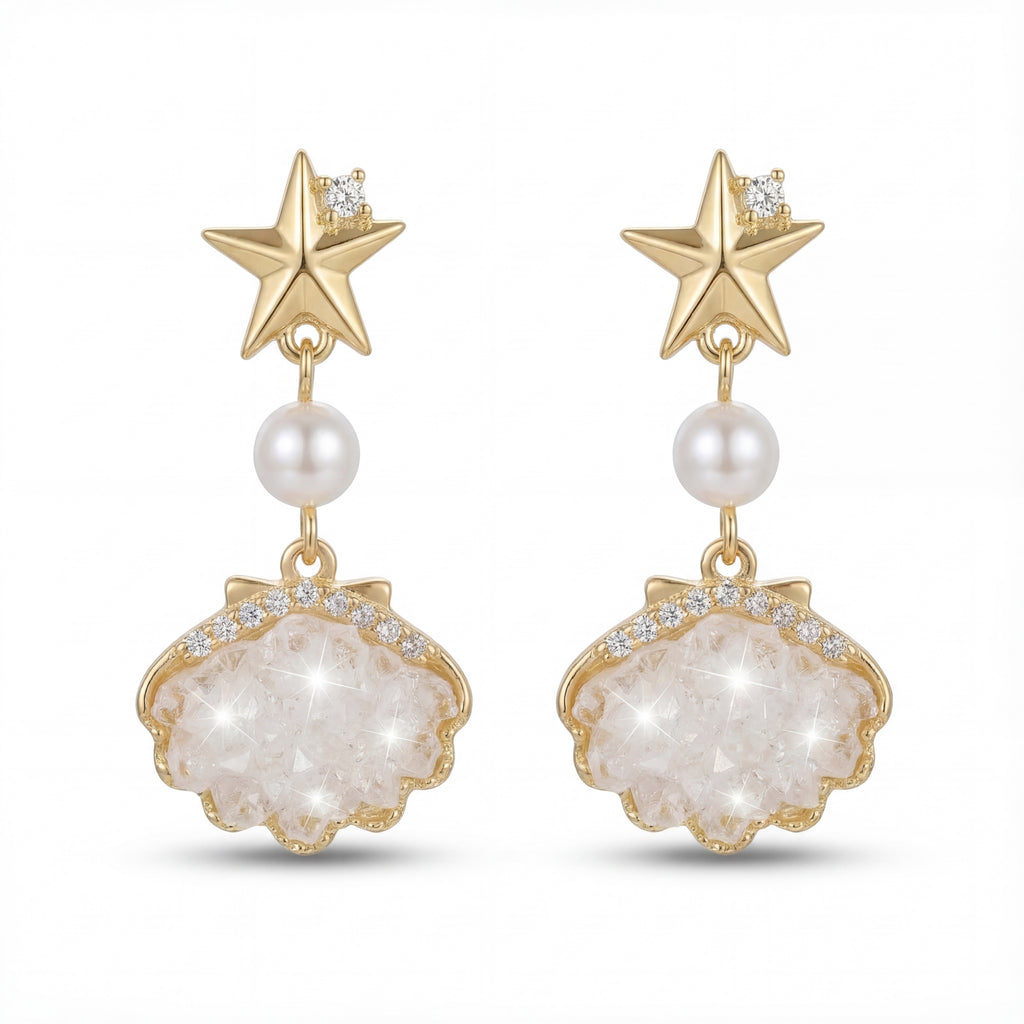 Korean Nautical Star & Shell Clip-On Earrings : YUFSER256