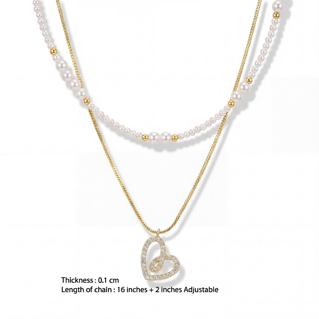 Korean Dainty Gold Heart & Seed Pearl Layering Necklace Set : YUFSNL244