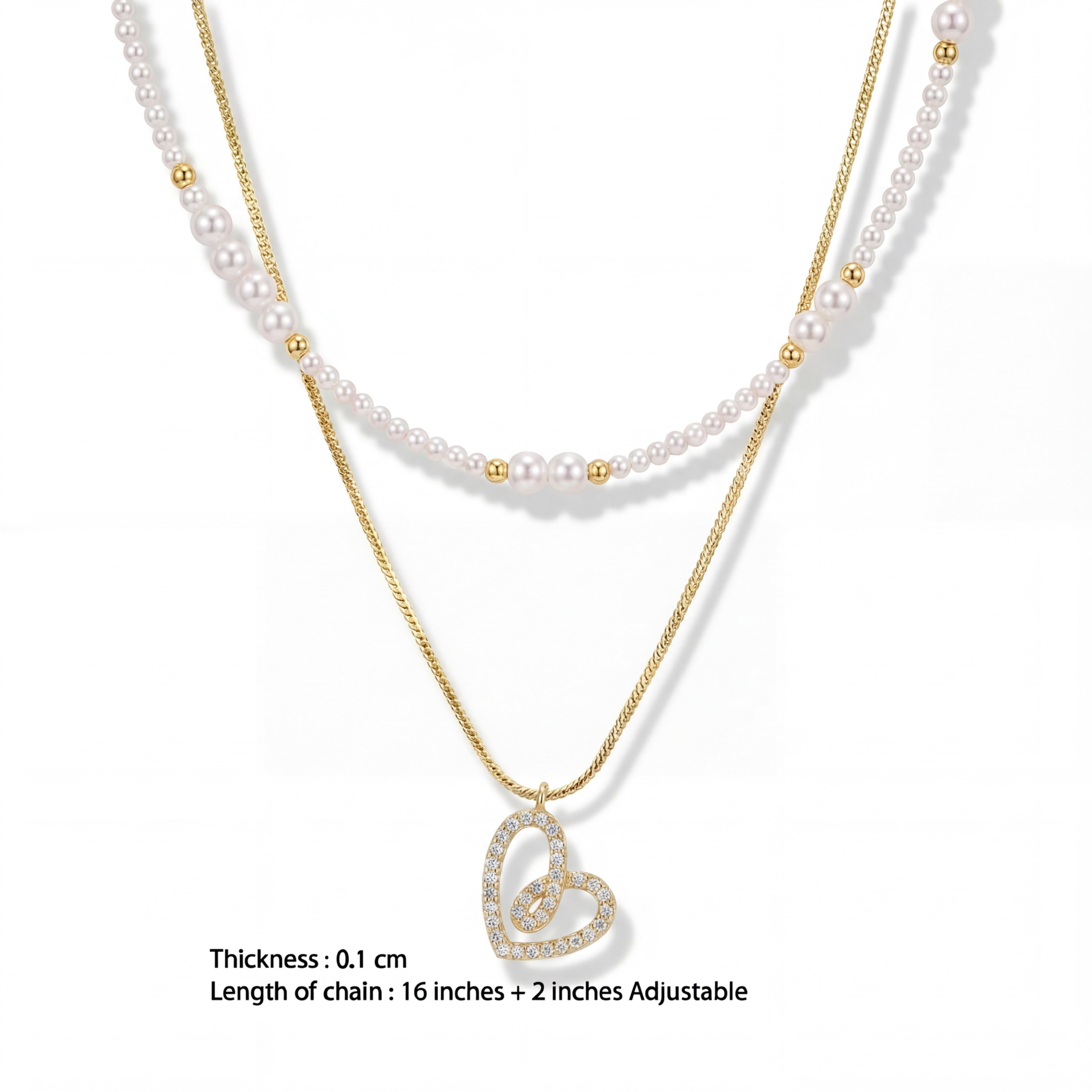 Korean Dainty Gold Heart & Seed Pearl Layering Necklace Set : YUFSNL244
