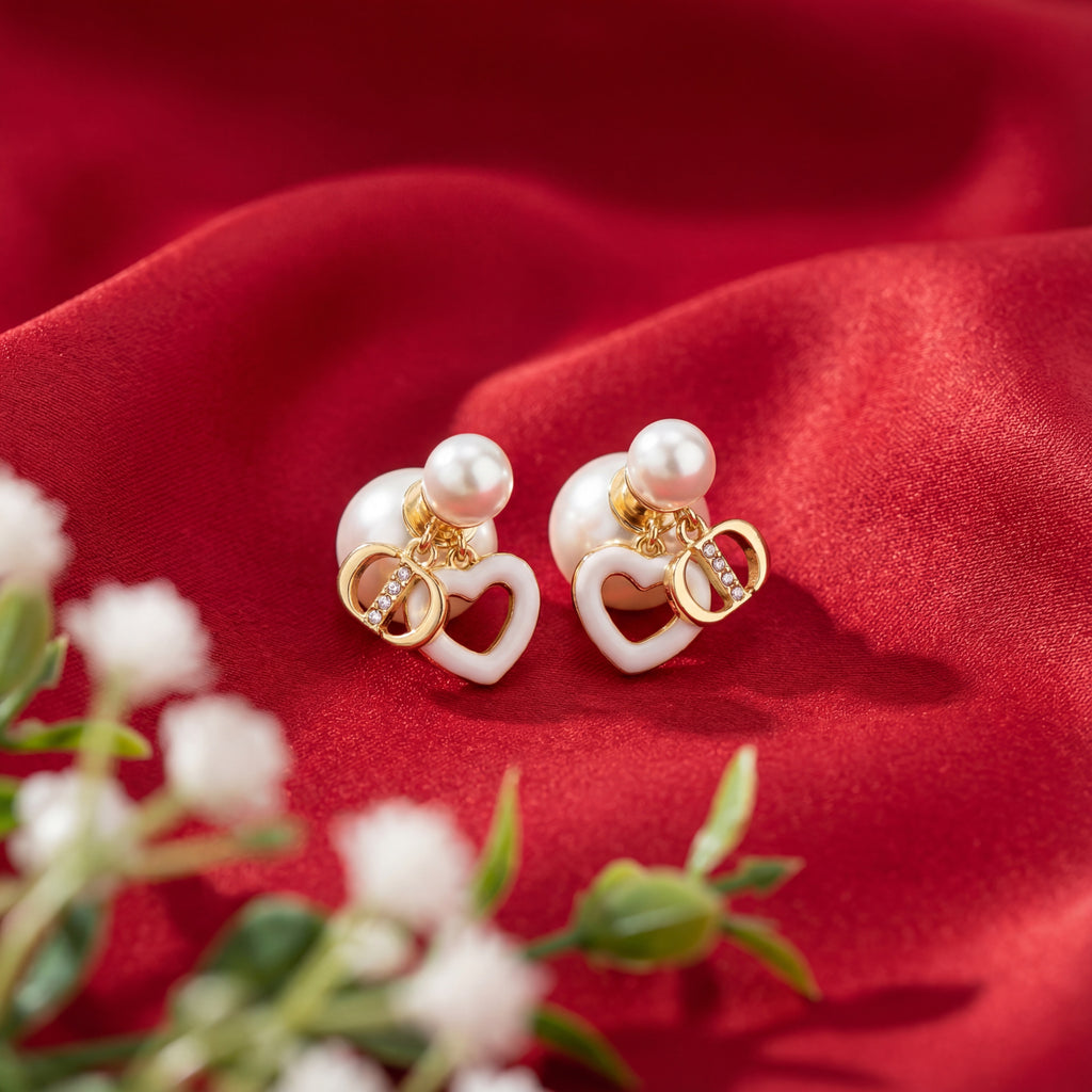Korean Heart & Pearl Double-Sided Studs : YUFSER239
