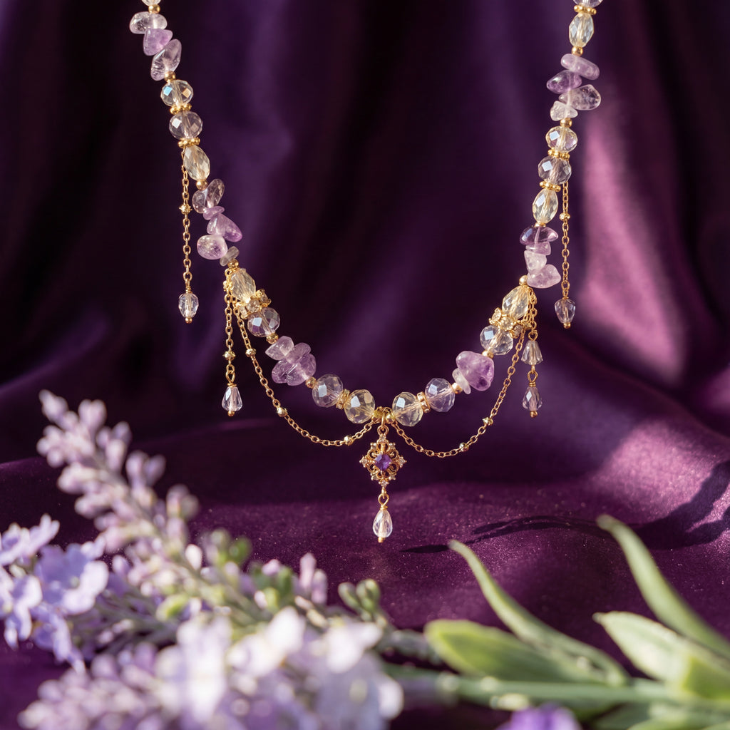 Korean Amethyst Mist & Crystal Gold Drop Necklace : YUFSNL255