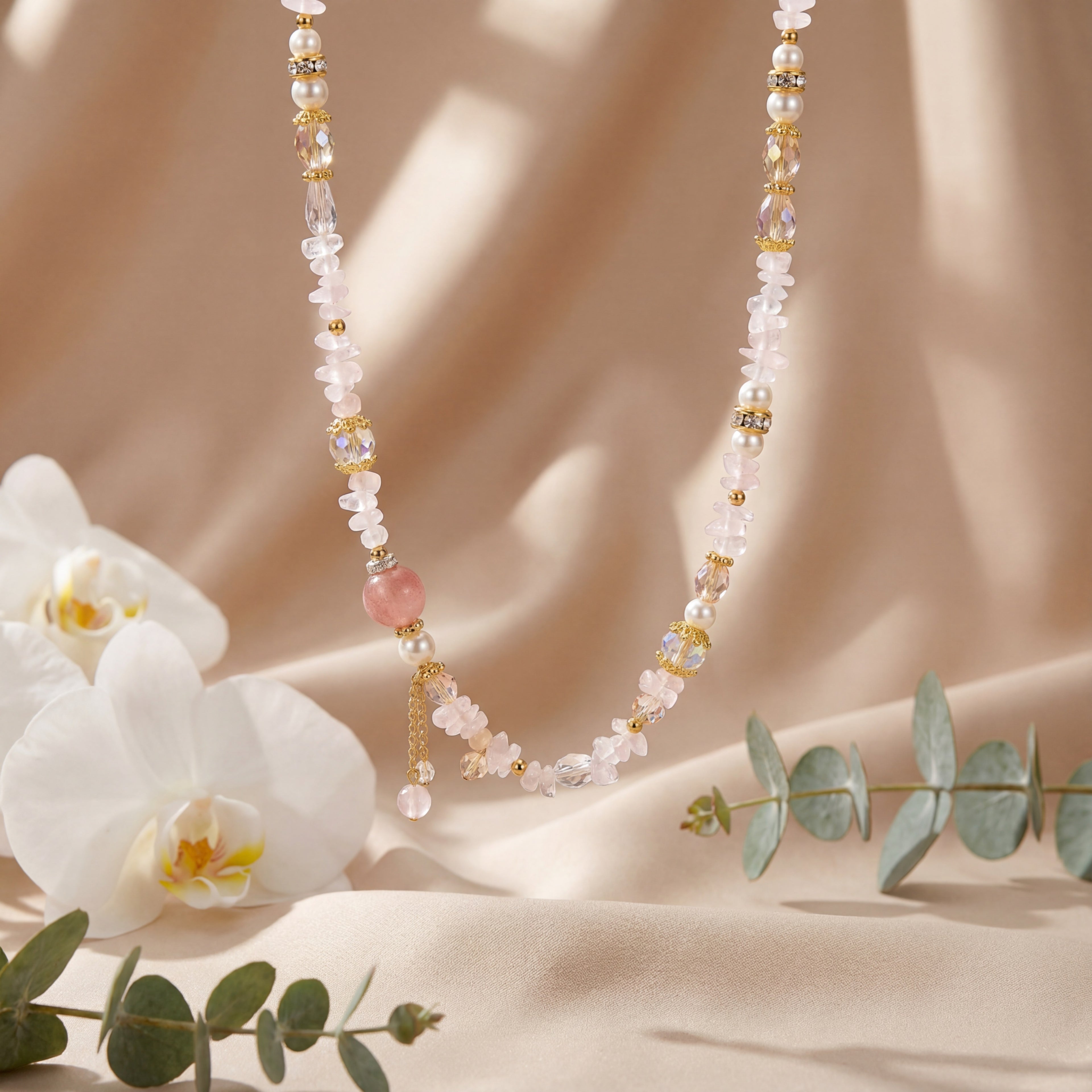 Korean Artisan Rose Quartz & Mixed Gemstone Charm Choker : YUFSNL245
