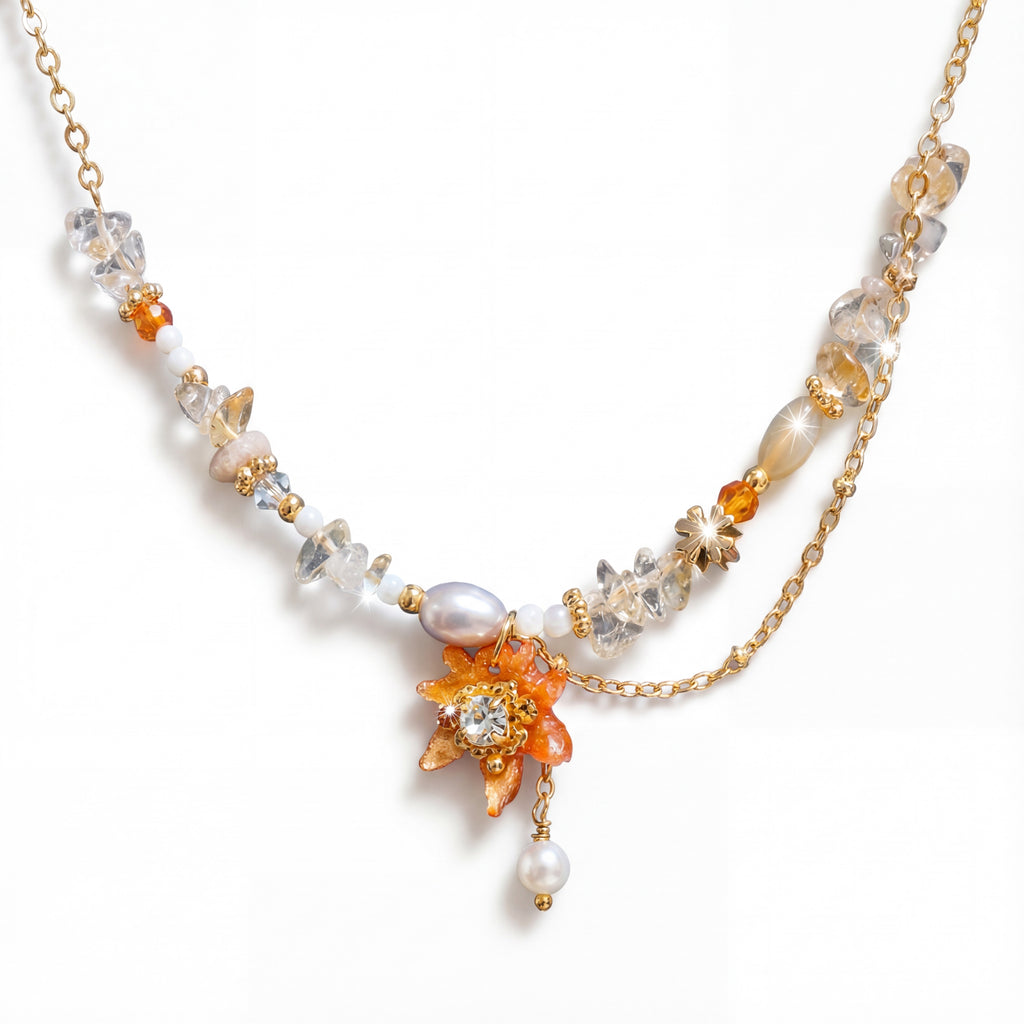 Korean Golden Autumn Mixed Media Beaded Statement Necklace : YUFSNL240