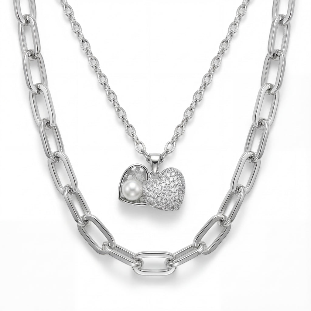 Korean Studded Heart And Pearl Necklace : YUFSNL239