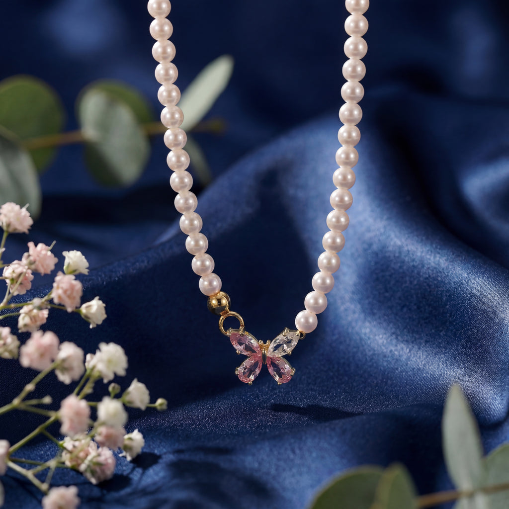 Korean Pink Crystal Butterfly Pearl Choker : YUFSNL249