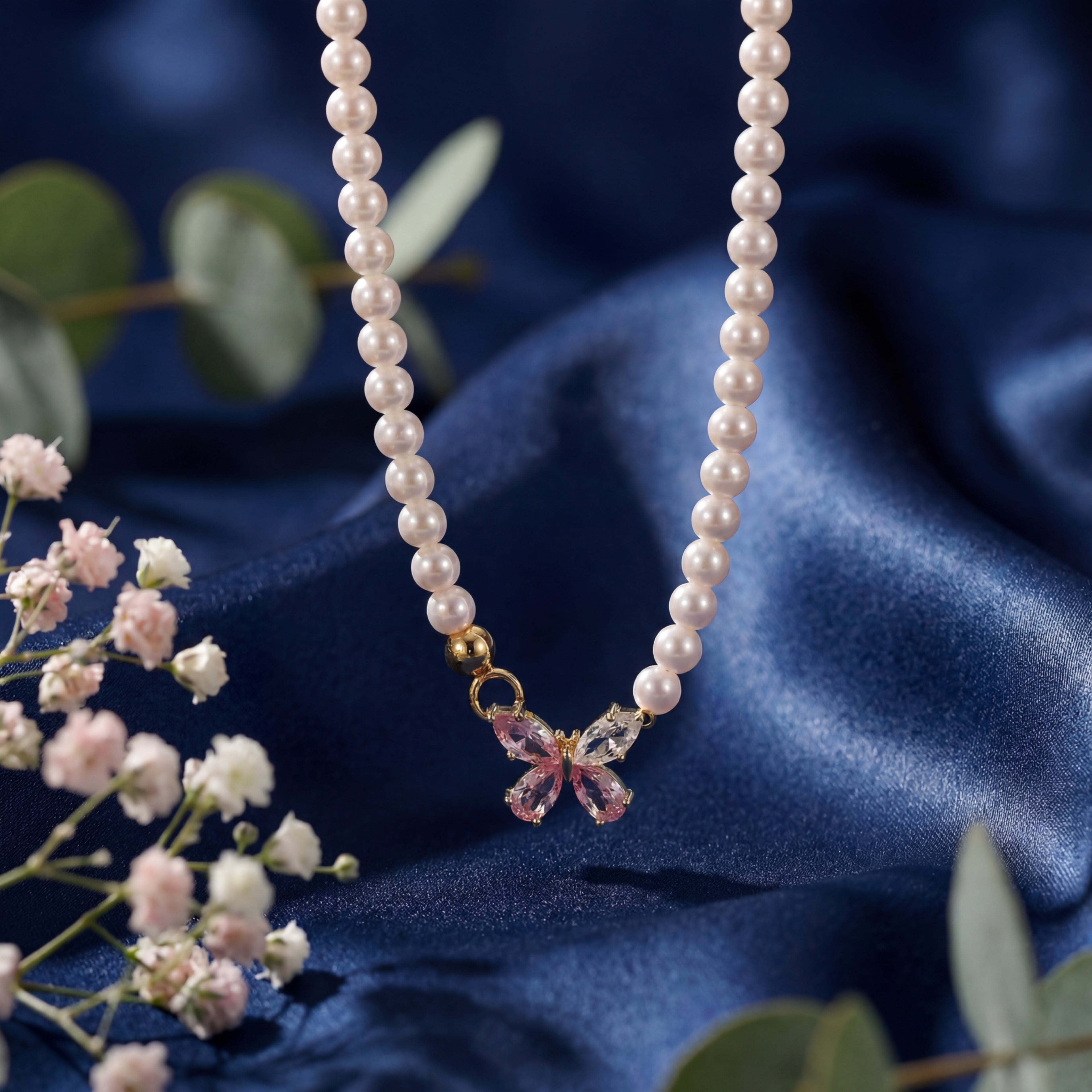 Korean Pink Crystal Butterfly Pearl Choker : YUFSNL249