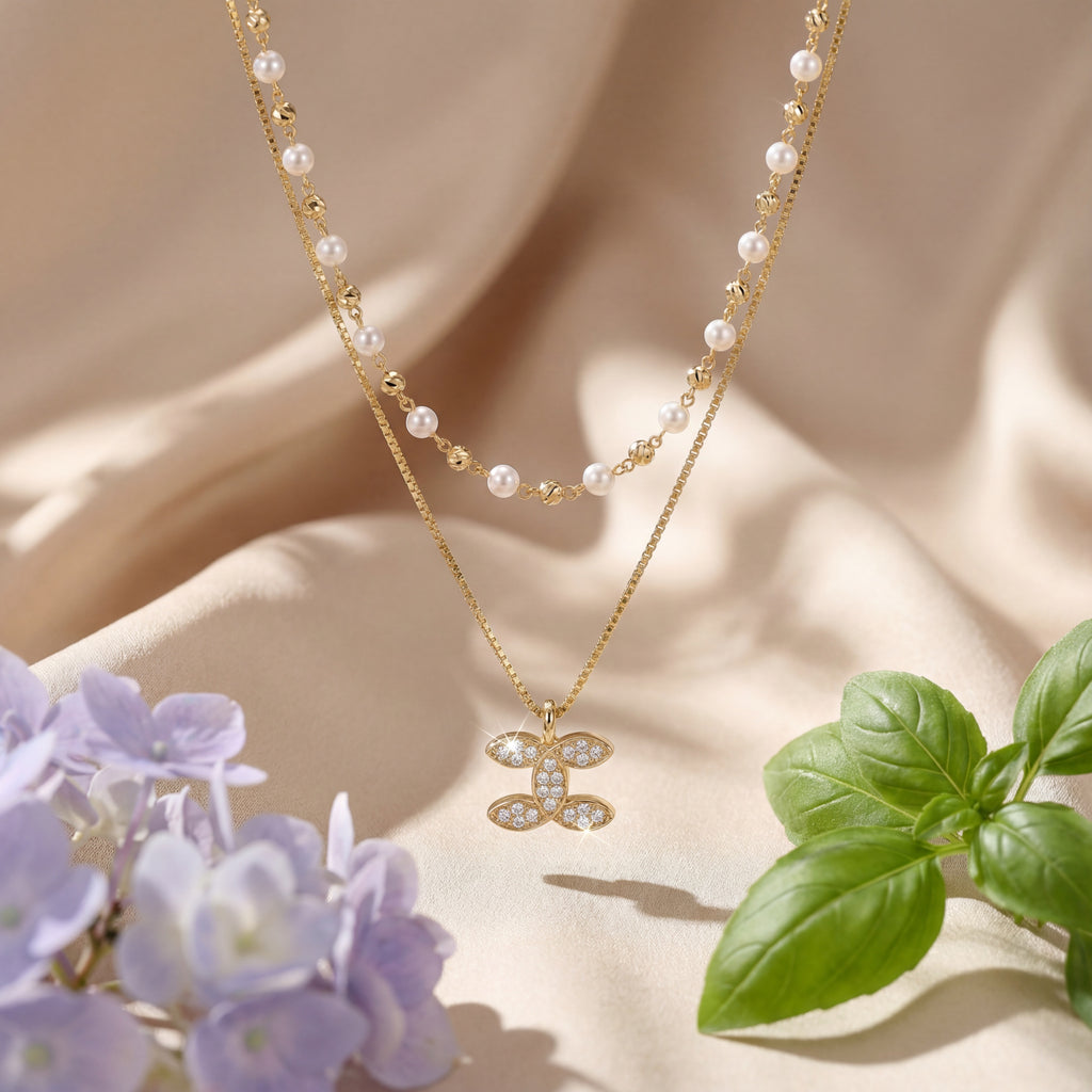 Korean Graceful Bloom Layered Pearl & Marquise Necklace : YUFSNL227